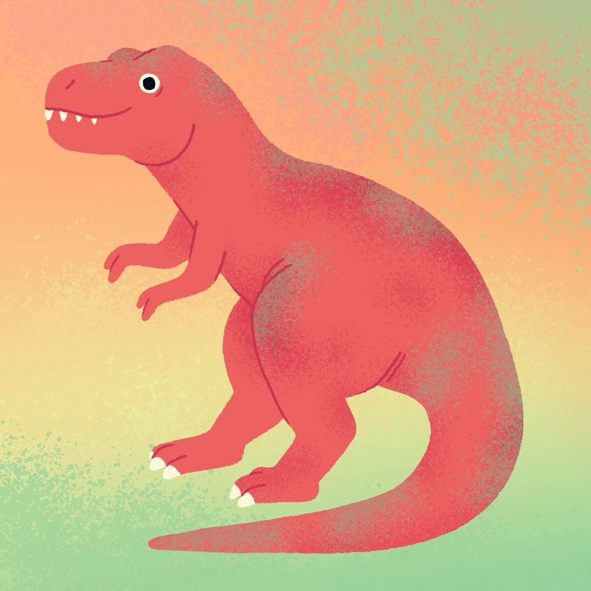 an illustration of a red tyrannosaurus rex dinosaur smiling on a green and orange background