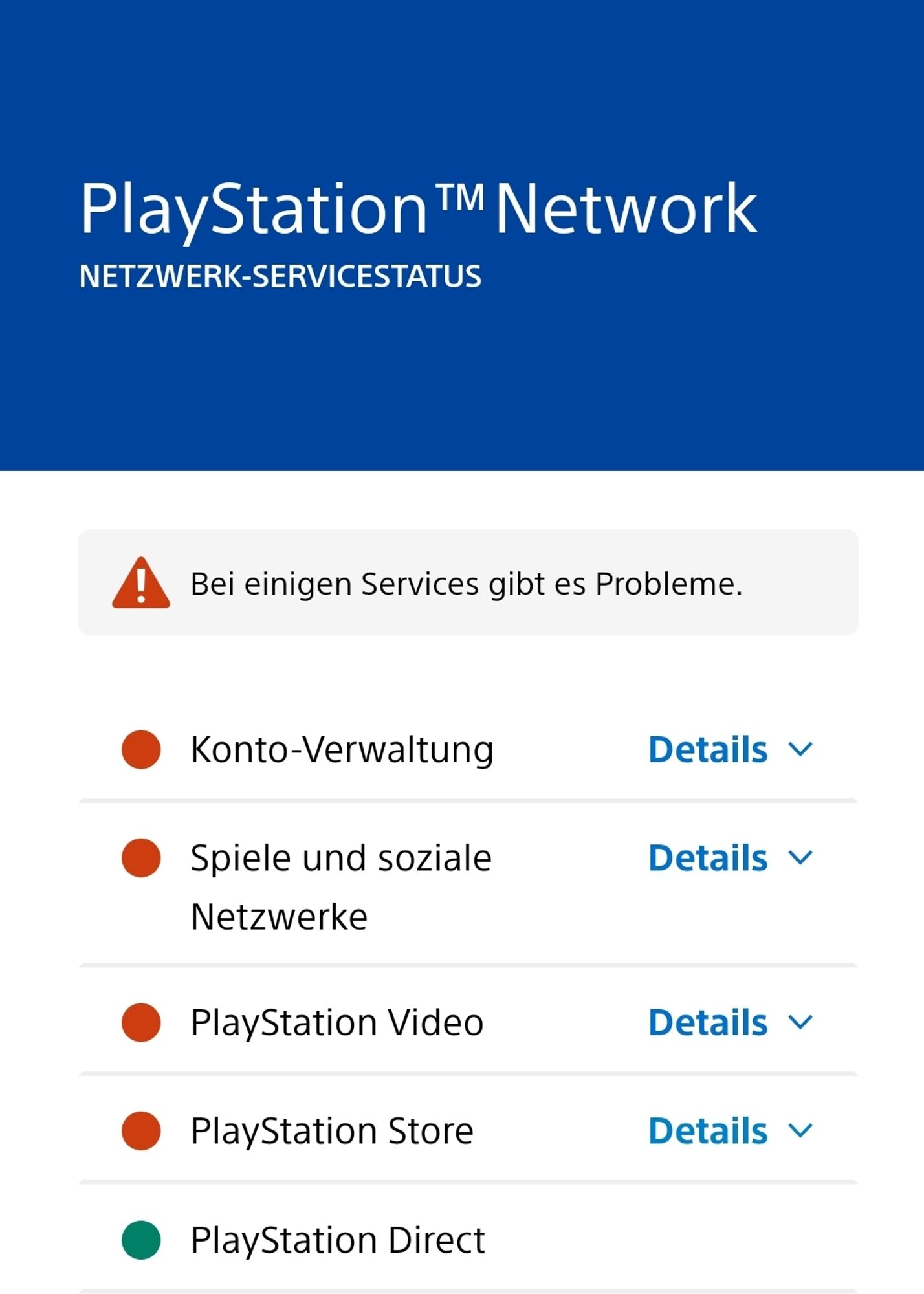 Screenshot vom PSN. Alle Server sind rot markiert bis auf den Server von PS Direct.