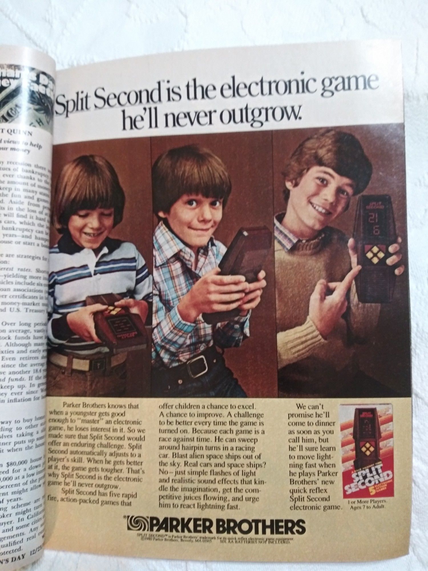 "Split Second is the electronic game he'll never outgrow."
By Parker Brothers. From Woman's Day, Dec. 23, 1980.