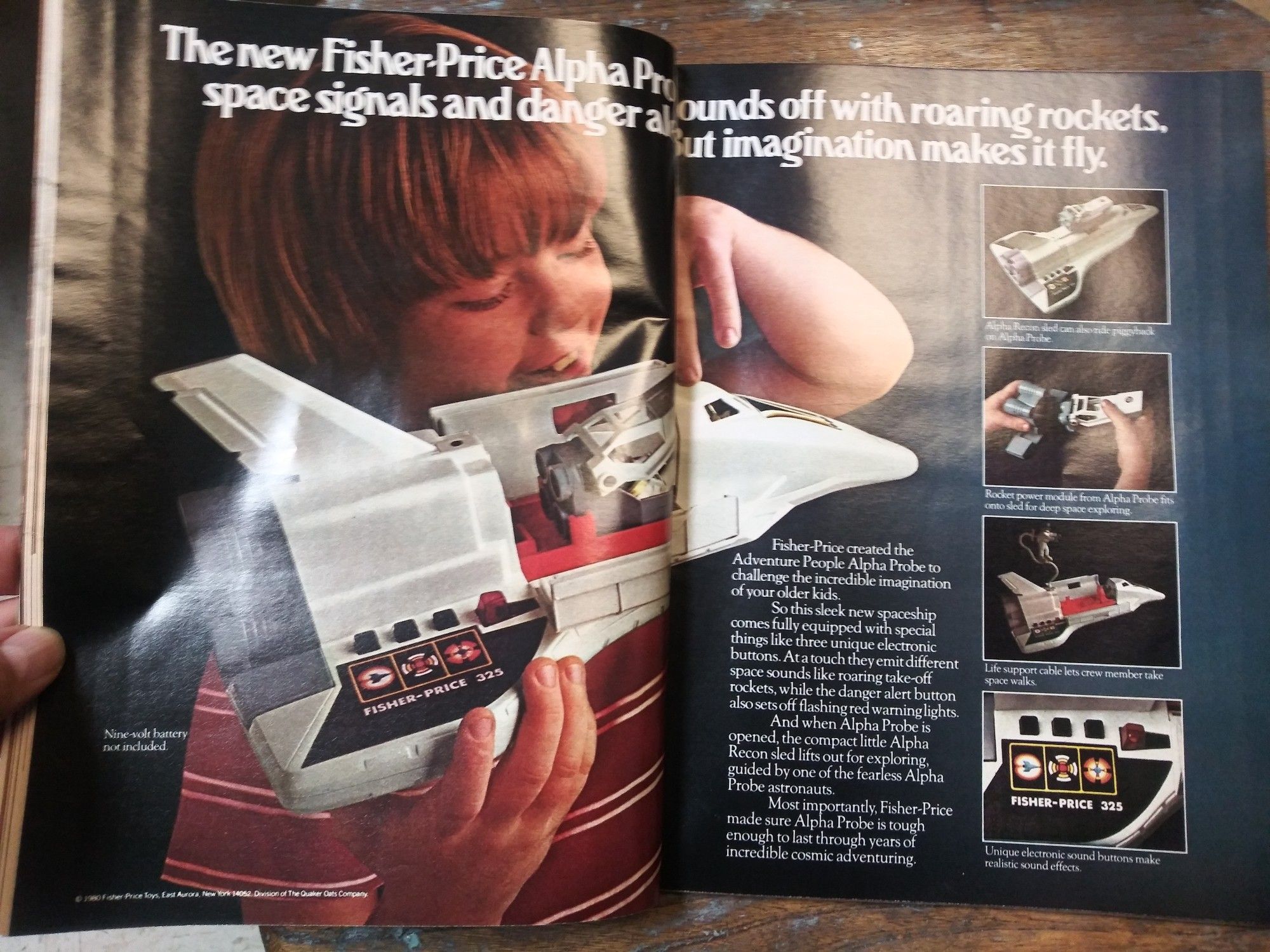 "The new Fisher-Price Alpha Probe sounds of with roaring rockets, space signals, and danger alerts, but imagination makes it fly."
An Adventure People space shuttle-like toy with sound buttons on one wing. From Better Homes and Gardens, Dec 1980.