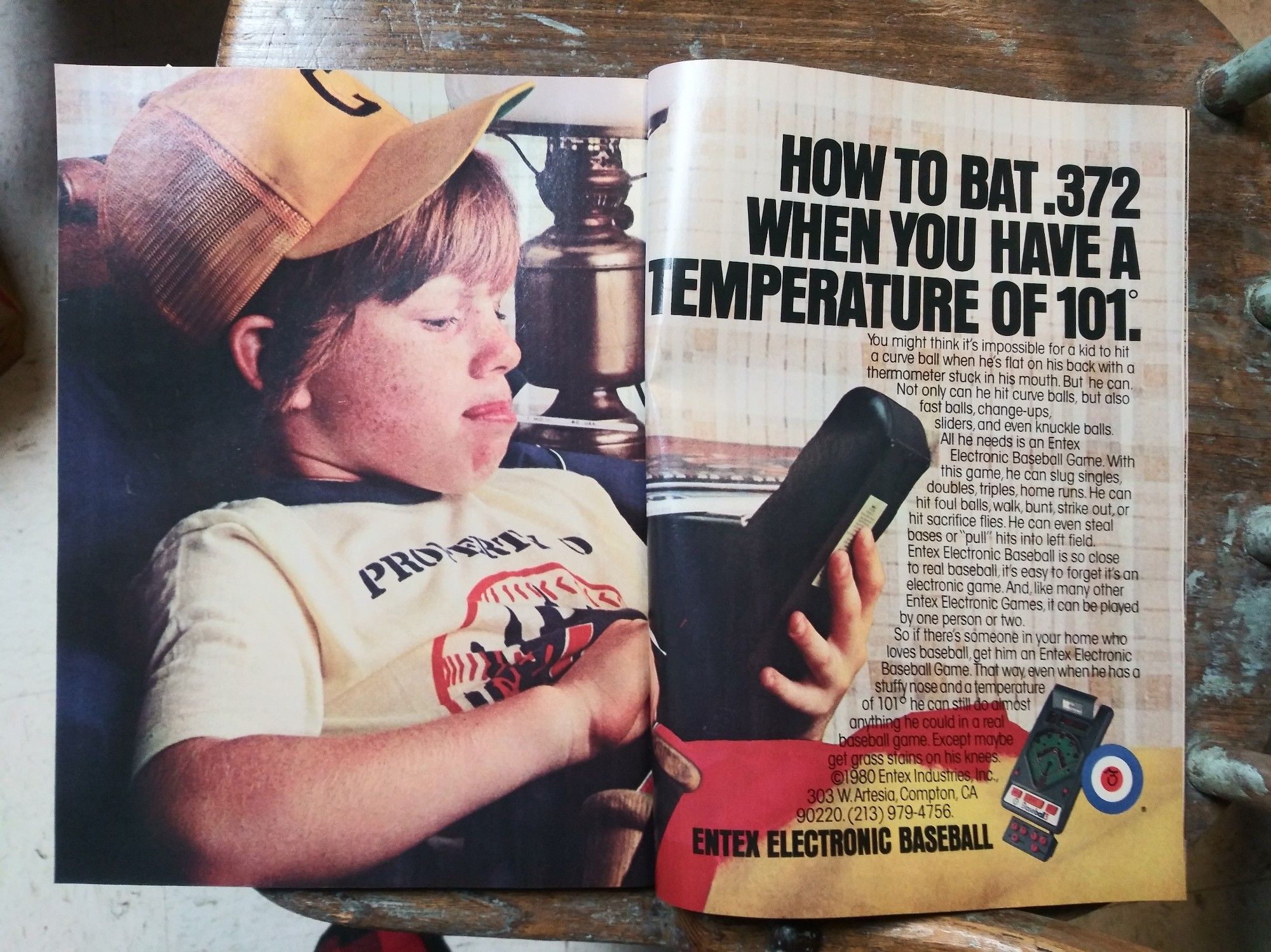 "How to bat .372 when you have a temperature of 101."
Ad for Entex Electronic Baseball from Family Circle, Dec. 16, 1980.