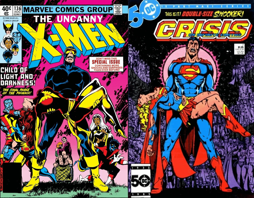 Covers of Uncanny X-Men #136 featuring Cyclops holding a deceased Dark Phoenix and Crisis on Infinite Earths #7 featuring Superman holding a deceased Supergirl.