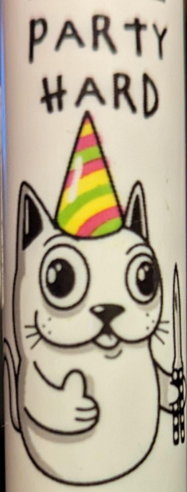 Comic Dog wearing a colorful party hat and "party hard" written above