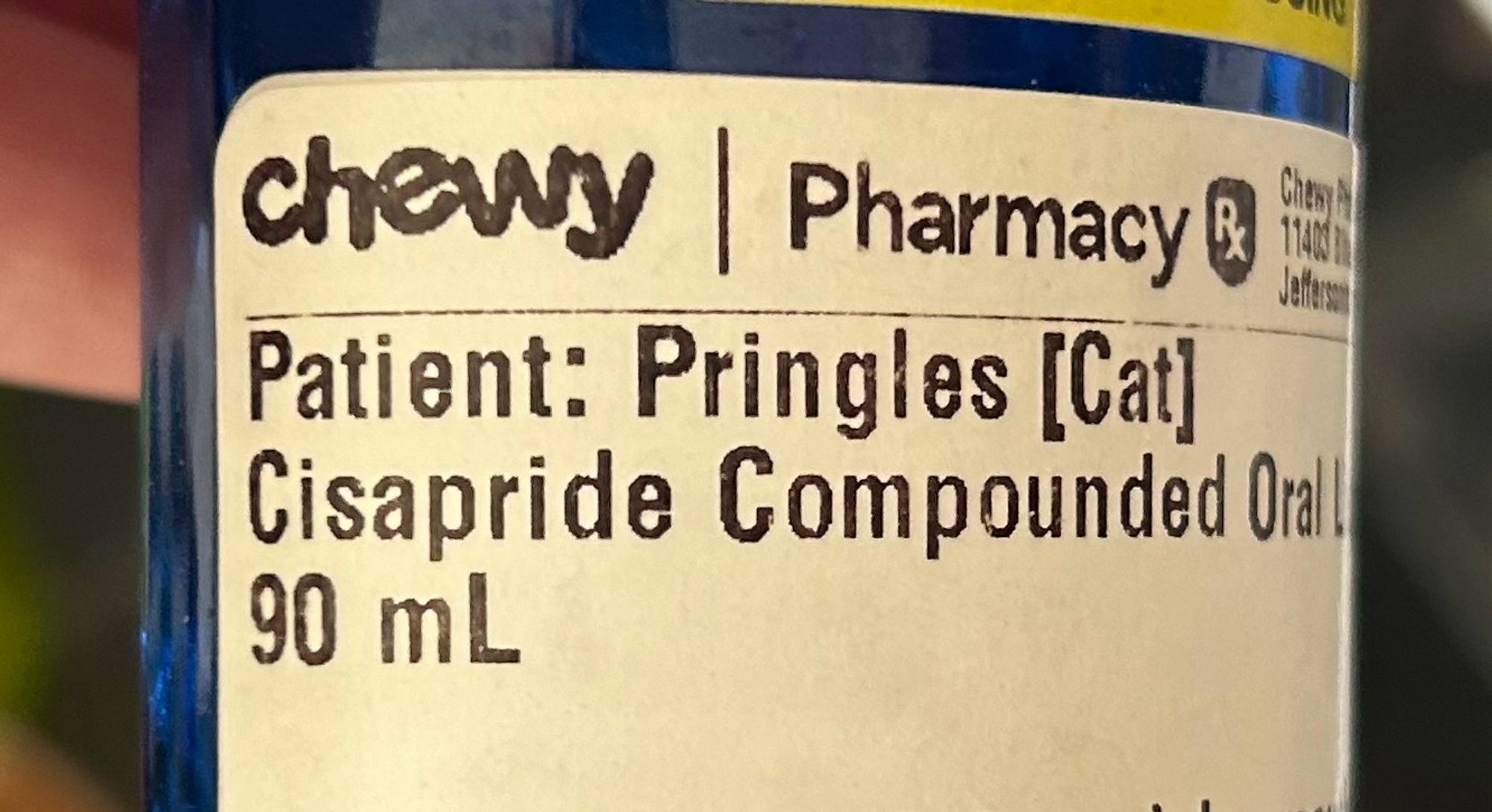 chewy Pharmacy 
Patient: Pringles [Cat] Cisapride Compounded Oral
90 mL