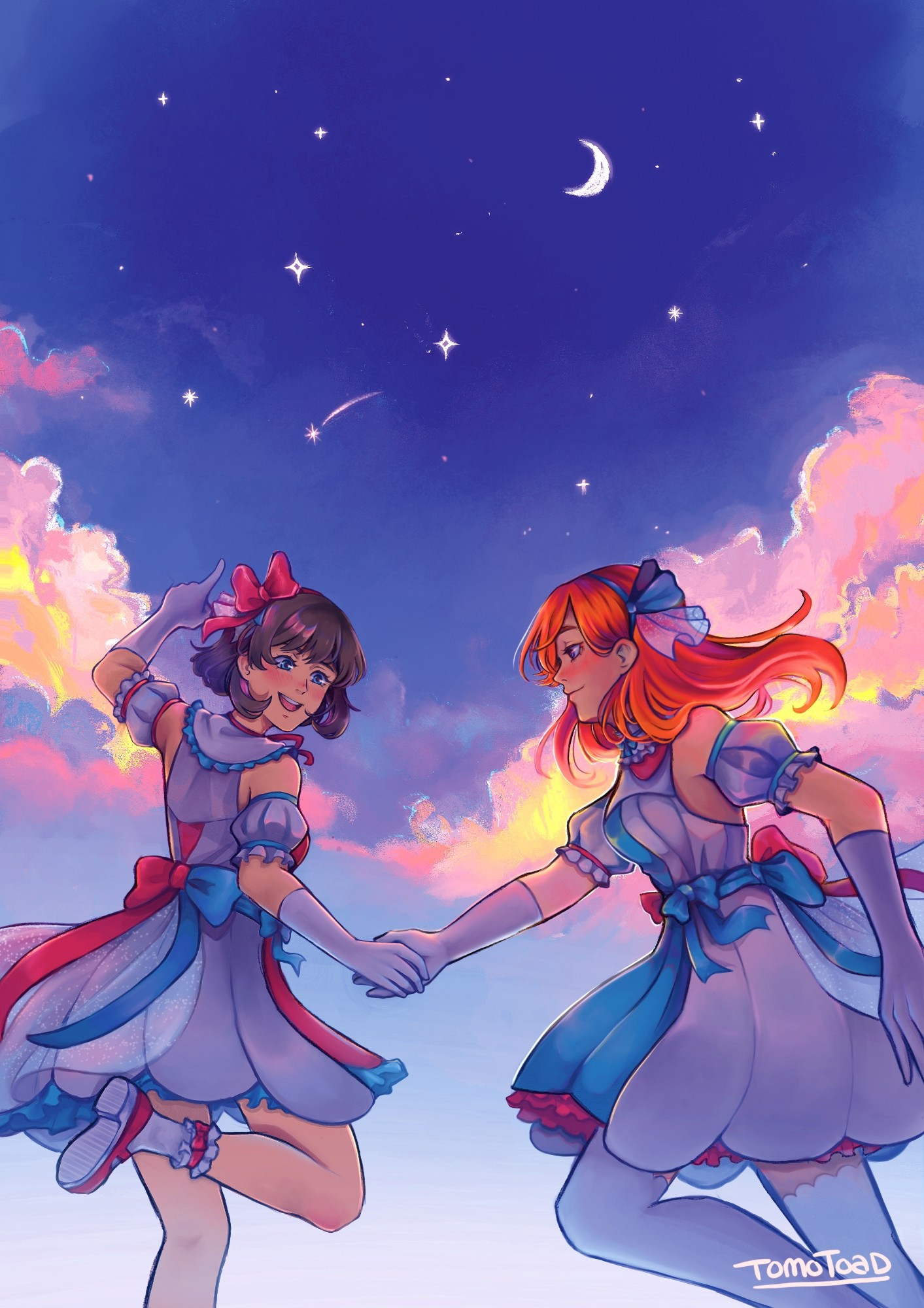 Fanart of Love Live! Superstar!! characters
Keke Tang and Kanon Shibuya holding hands under a starry sky with their Tiny Stars outfit. Keke points a shooting star with her finger and Kanon follows her.