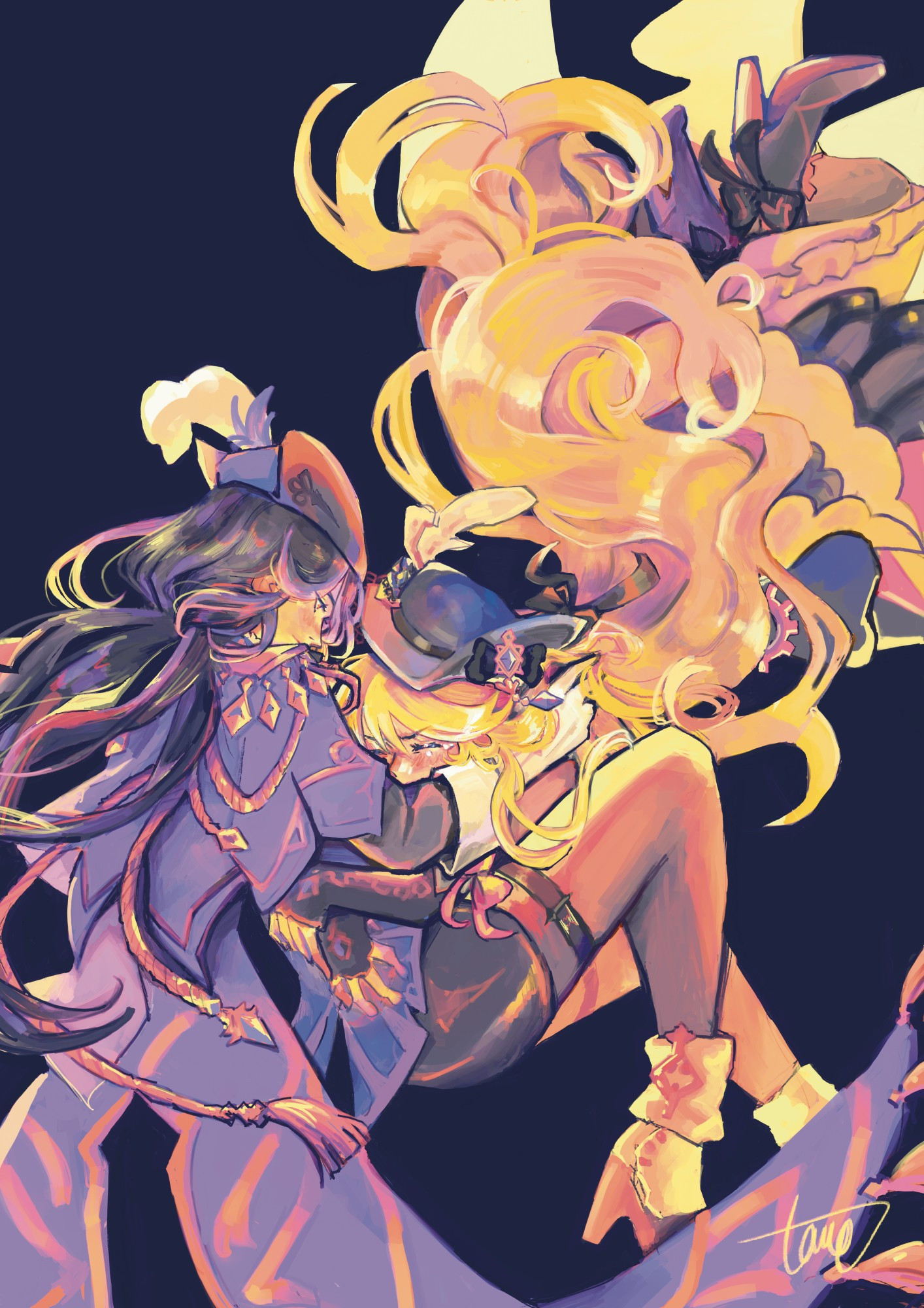 Illustration of Genshin Impact characters Clorinde and Navia. Navia is hugging Clorinde's waist and crying. Clorinde runs her fingers through Navia's hair. Colors are vibrant blue, red and gold, while background is black.