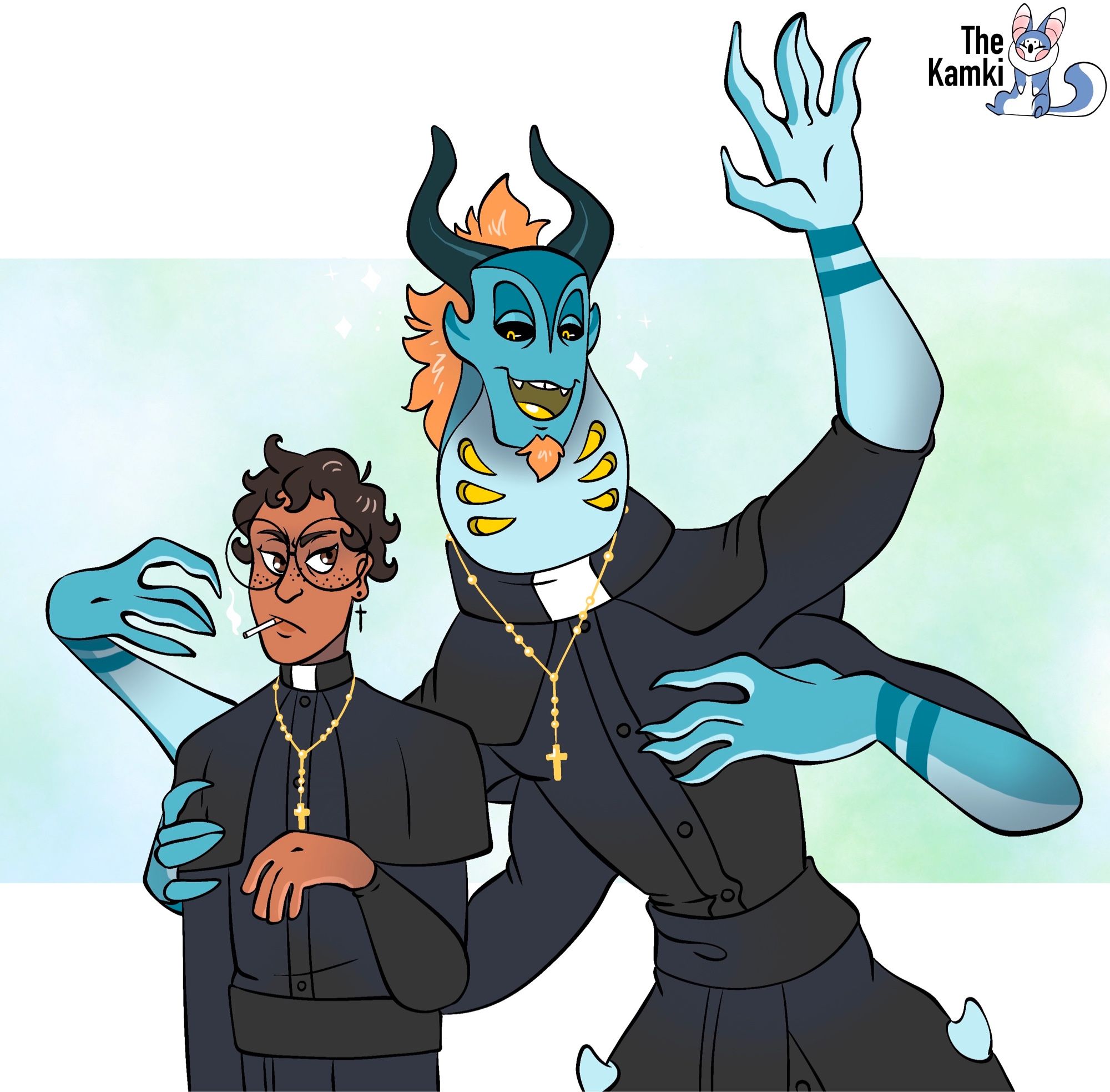 3/4 shot of my OCs, Father Mateo (left) and Mordecai (right). Both are dawning priest garbs. Mordecai has a hand around Mateo and is probably saying giving Mateo a crazy idea he has.