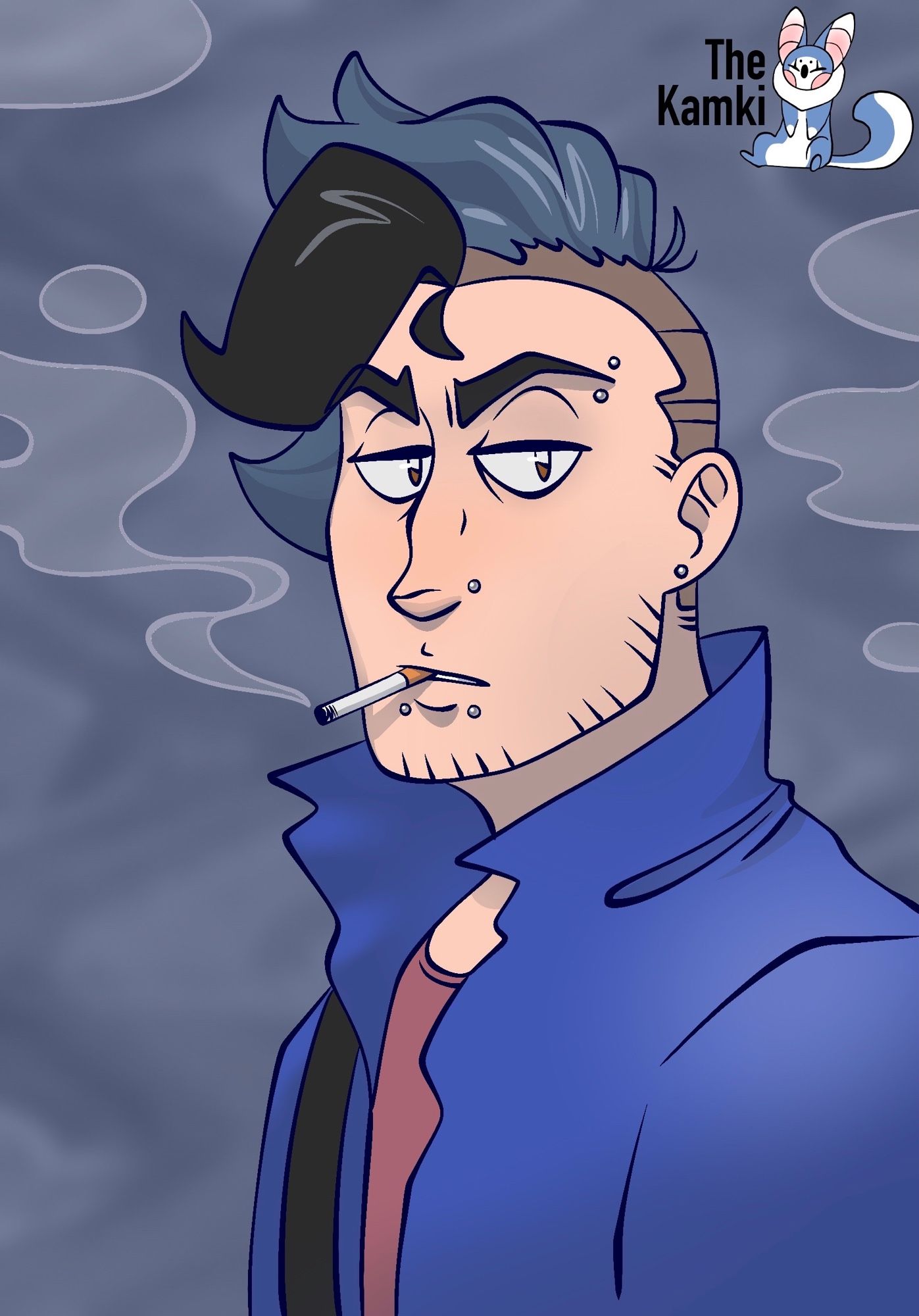 A simple portrait of my OC, Trap. Middle aged, tired eyes, blue and black hair, with a blue jacket.