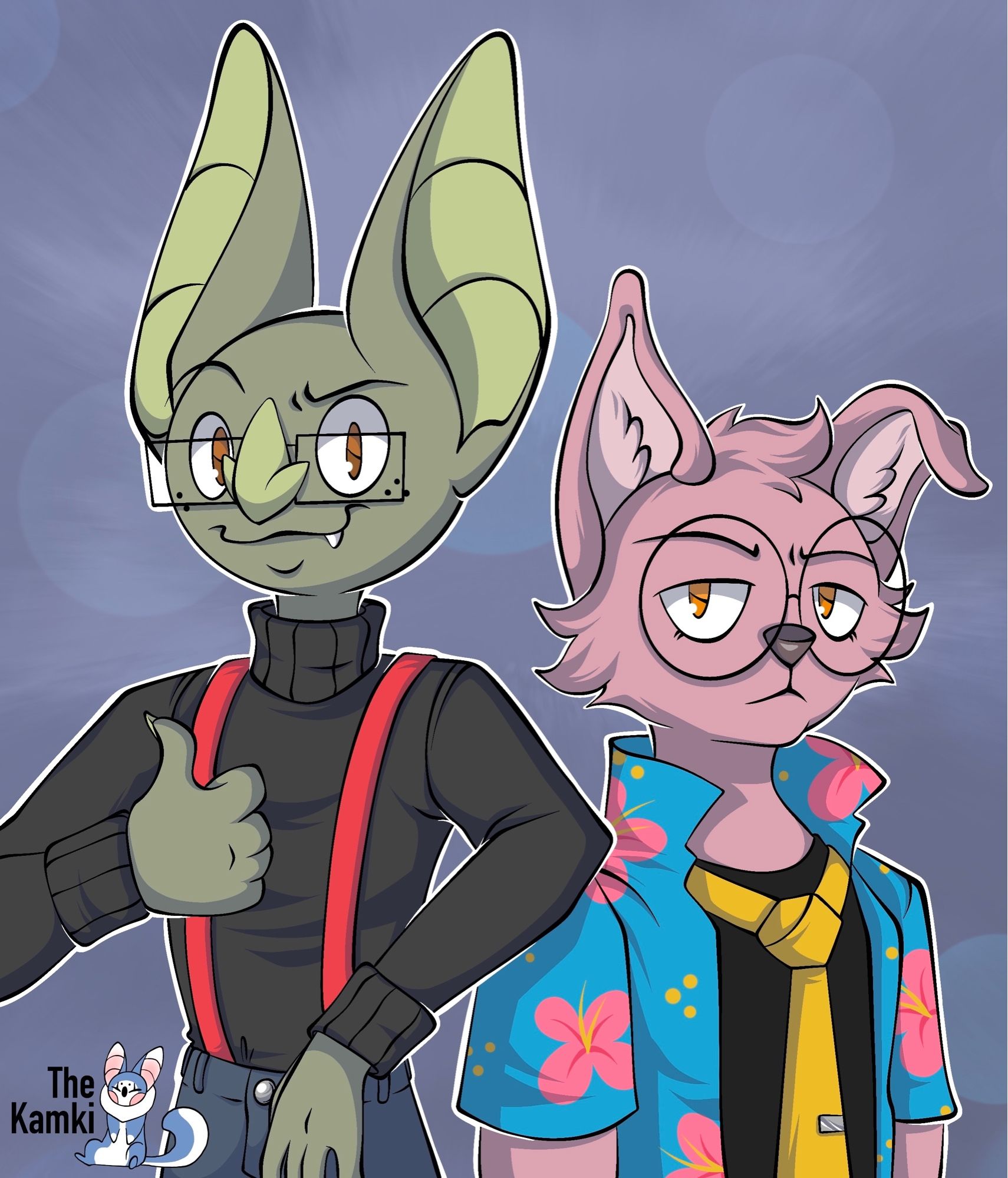 Halfbody portrait of two other OCs, Mayhaps (left), and Kat (right). Mayhaps (he/him) is a humanoid bat giving a cheeky thumbs up, and Kat (they/them) is a humanoid dog in a bright Hawaiian shirt. They are Lockpick’s best friends.