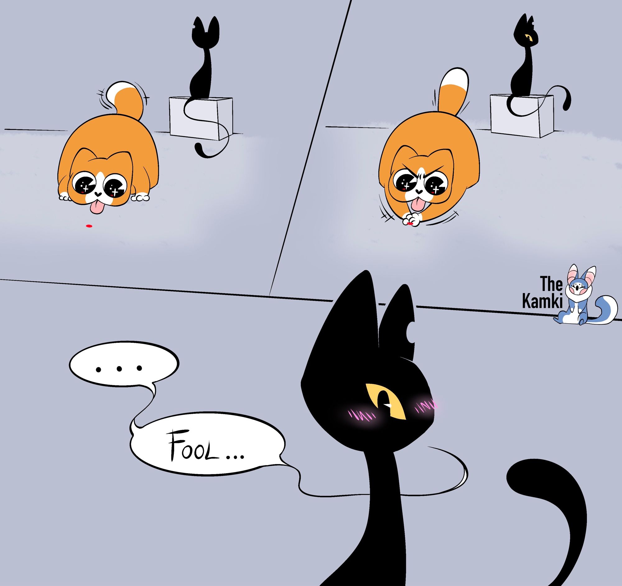 A three panel comic of two cat characters, Ink and Pip. Pip (orange) is chasing a laser pointer, to which Ink says to herself “…Fool…” but is blushing slightly, smitten by his stupidity.