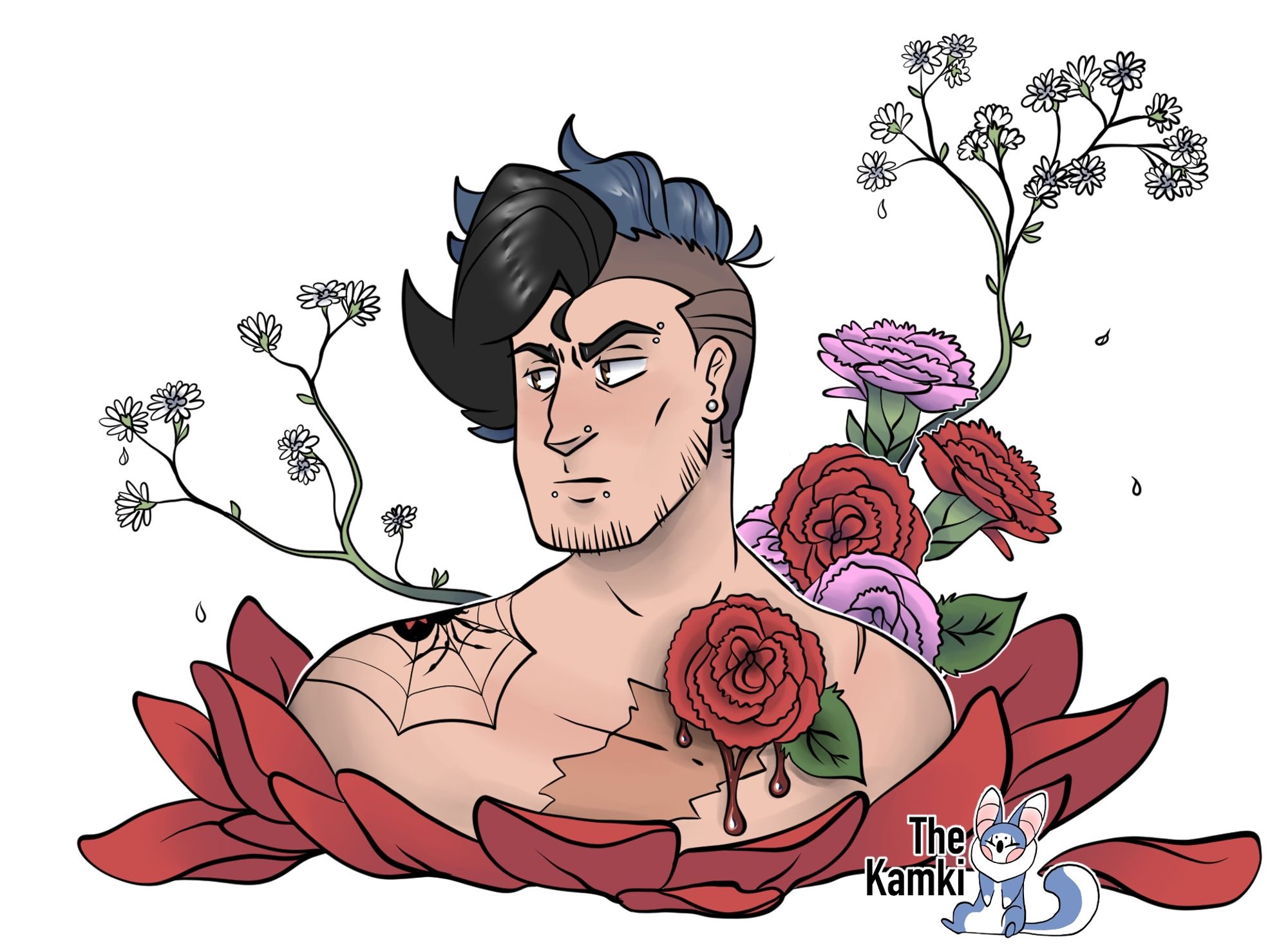 Bust portrait of my OC, Trap, coming out from red flower petals, surrounded by carnations and baby’s breath.