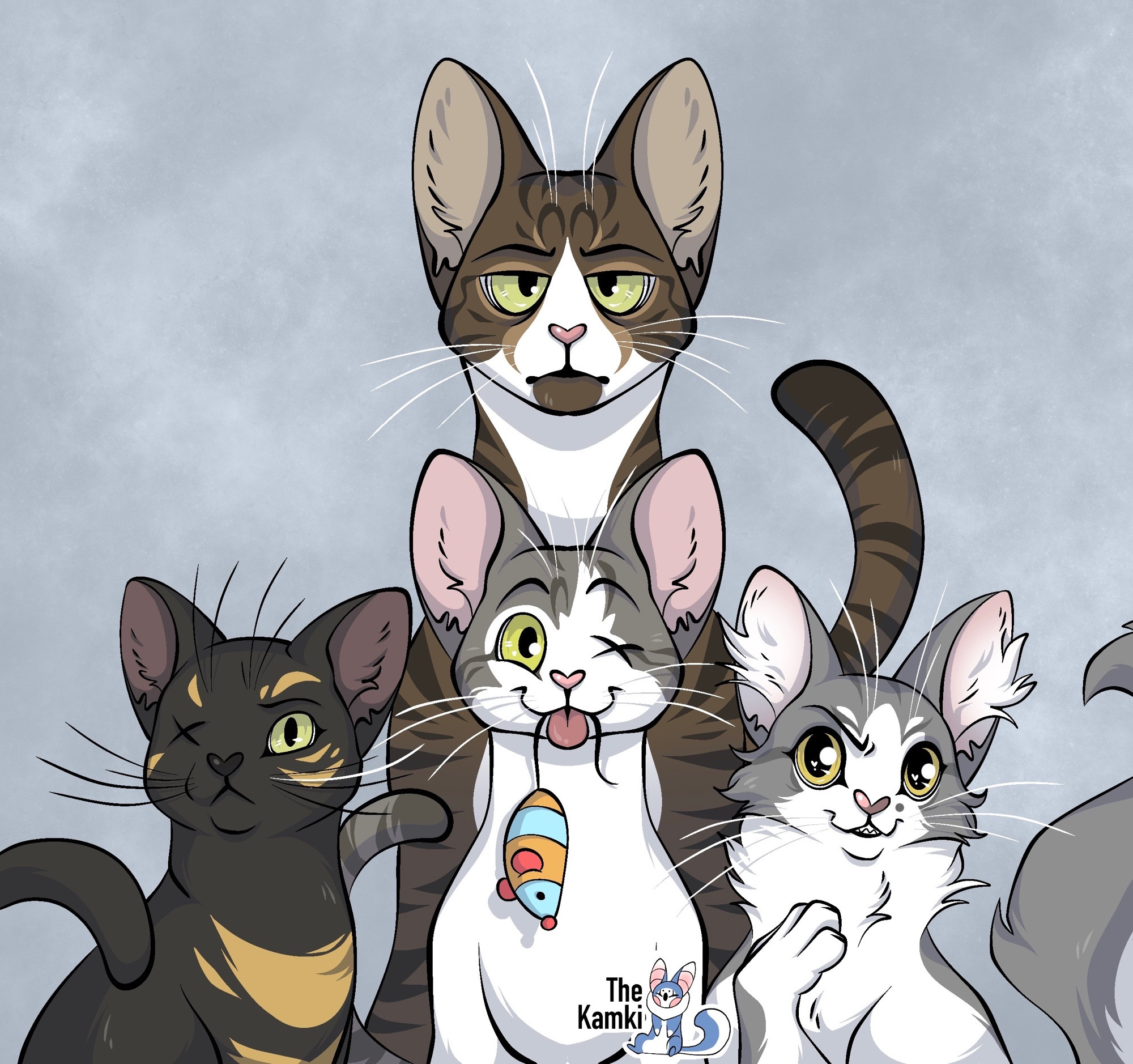 Portrait of my four cats. The brown and white tabby at the top is my oldest boy, Salem. Then the lower row from left to right is: Gargoyle (one-eyed tortie), Mouse (one-eyed harlequin tabby), and Moth (gray and white long hair).