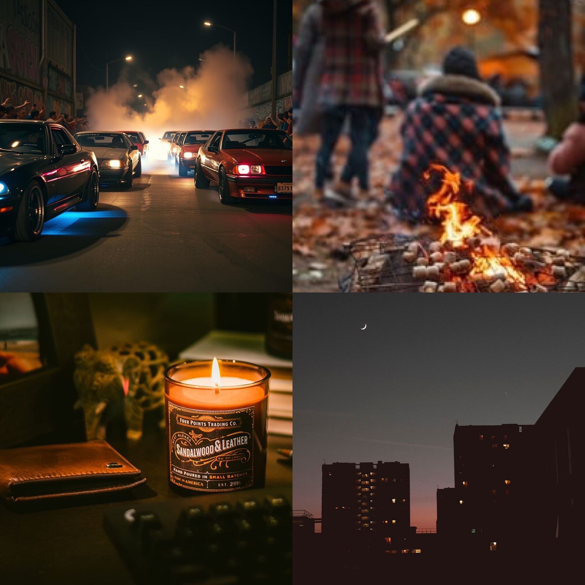 Moodboard with four photos. Top left: cars lined up in a nighttime street race. Bottom left: a sandalwood candle on a dimly lit desk. Top right: campfire in the foreground and faceless people in the distant background. Bottom right: a darkened cityscape during a sunset.