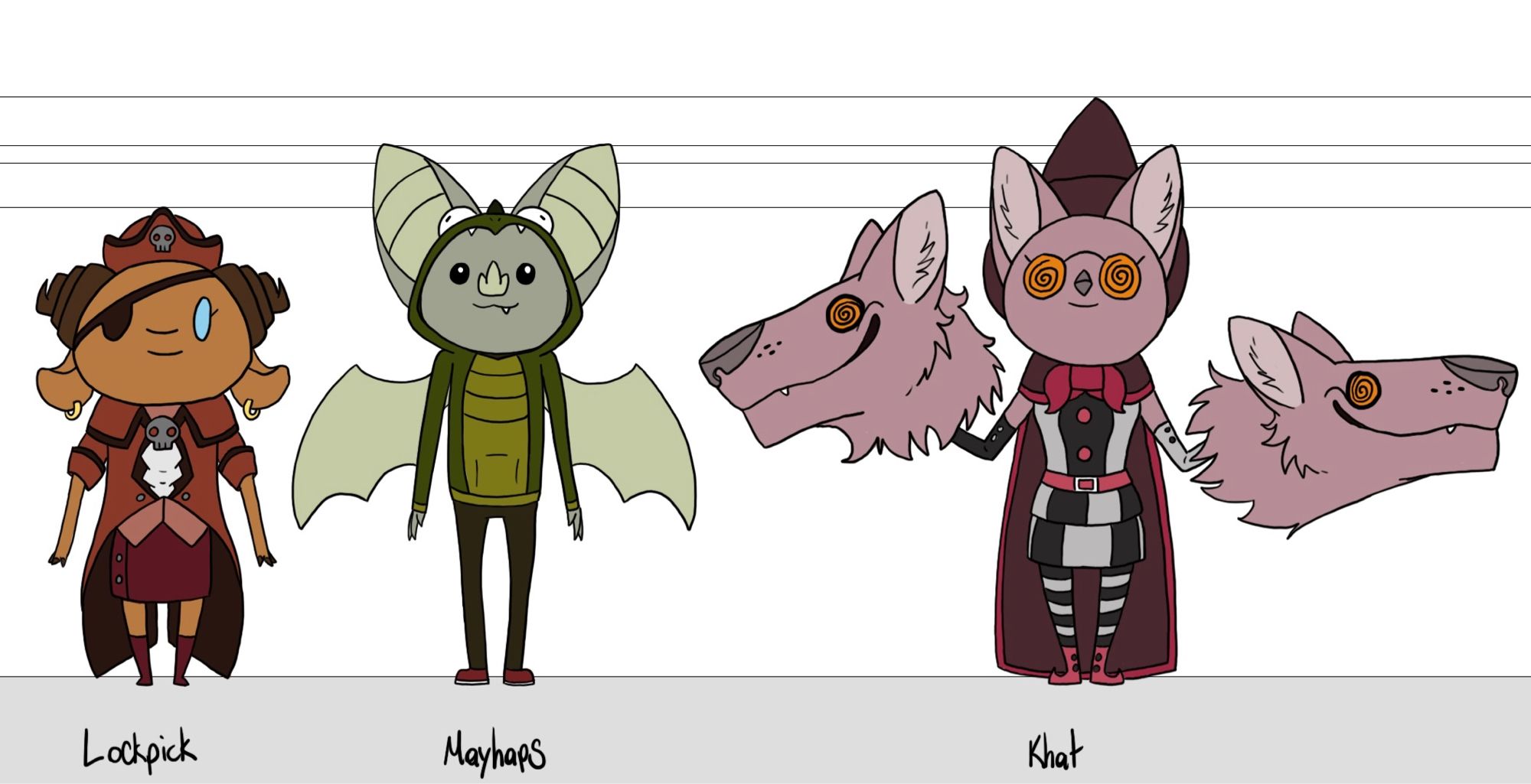 This is an old design lineup of the three main characters of my story from 2015. From left to right: Lockpick, Mayhaps, and Khat (now just Kat). These designs are no longer canon.