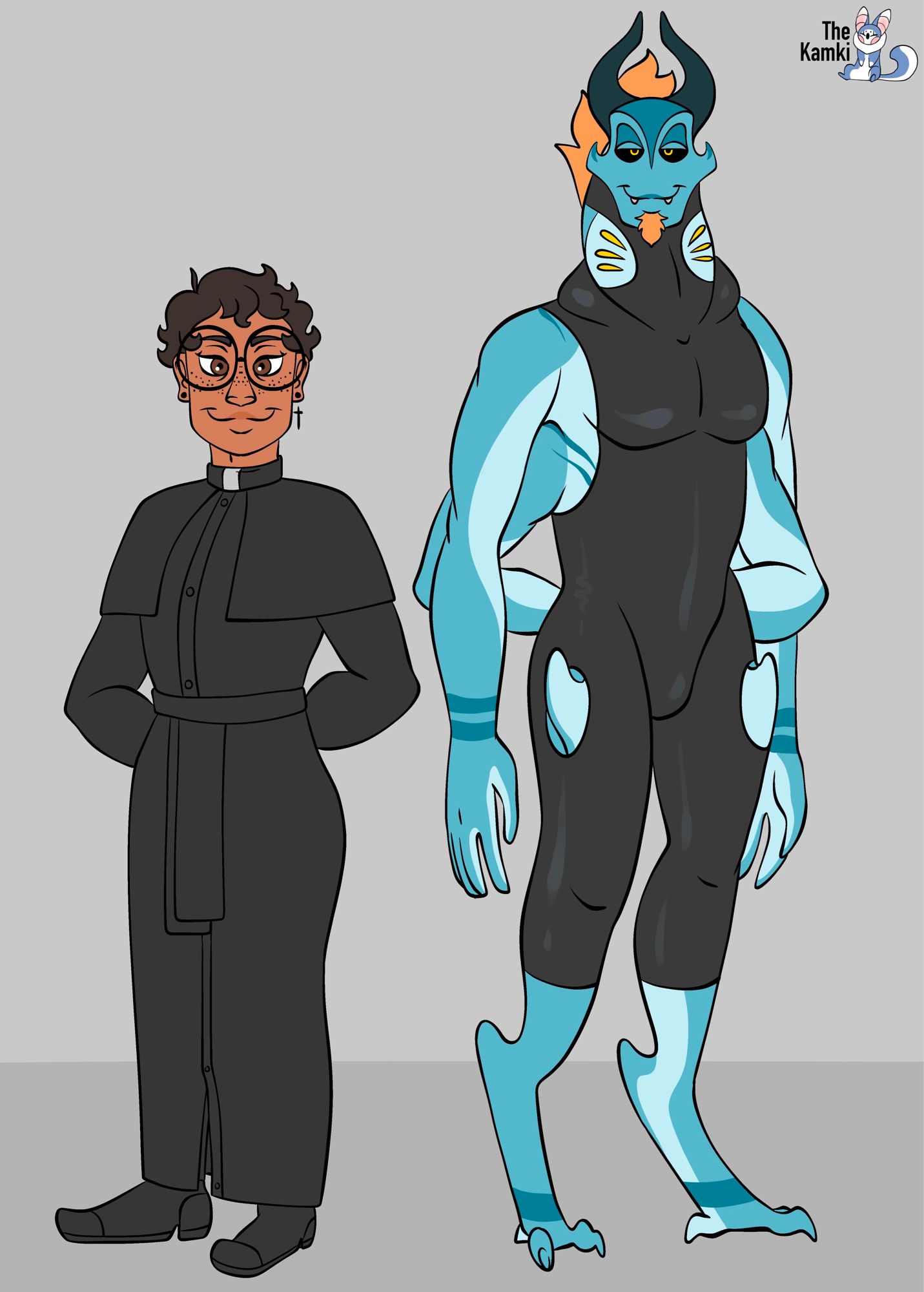 Fullbody drawings of two of my OCs: Father Mateo (left), young gentlemen in priest attire, and Mordecai (right), a tall, blue, four-armed, alien in a black body suit.