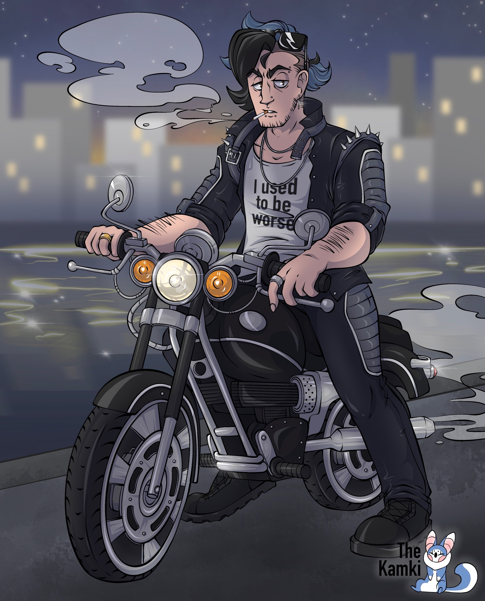 Fullbody piece of my OC, Trap, sitting on a motorcycle while smoking. It’s nighttime and there’s a cityscape in the background beyond a waterfront. 