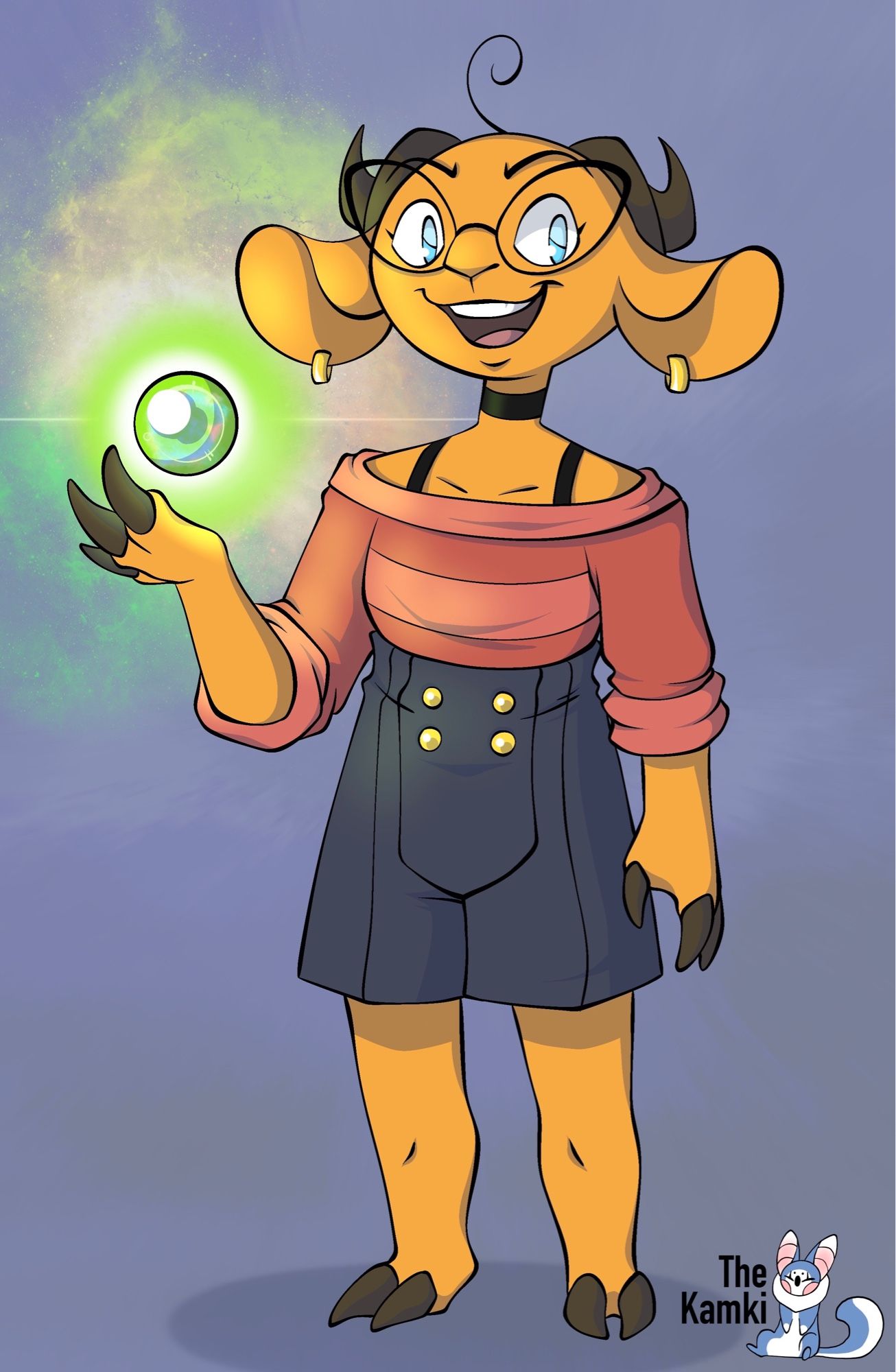 Fullbody piece of my OC, named Lockpick. She is a humanoid goat with strange magical abilities. Here she is happily holding a glowing green orb. She is the main character of her story and is joined by her two best friends, Mayhaps and Kat.