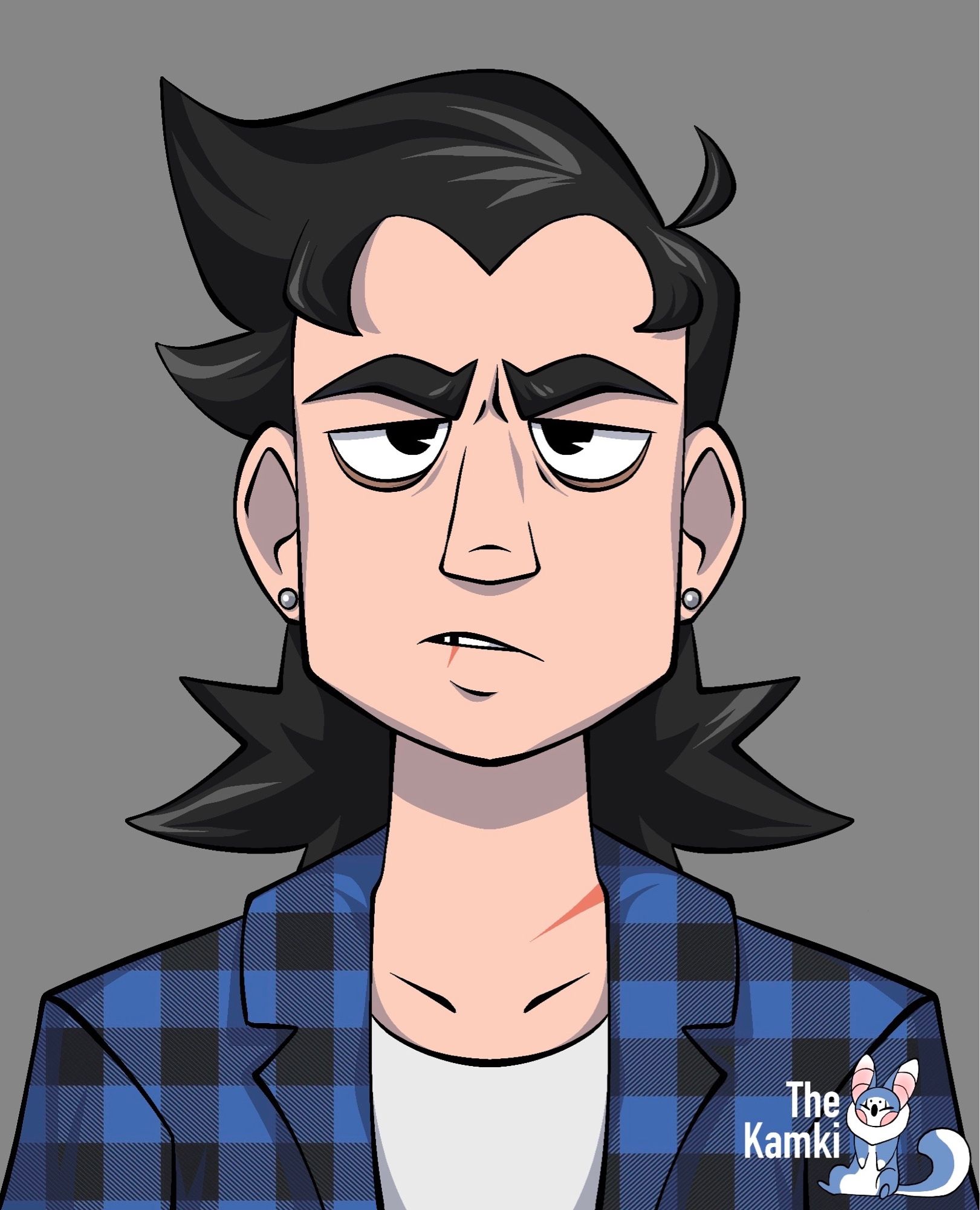 Portrait of my OC, Trap, as a kid. He’s sporting a black mullet, upset glare, tired eyes, and a blue plaid shirt.