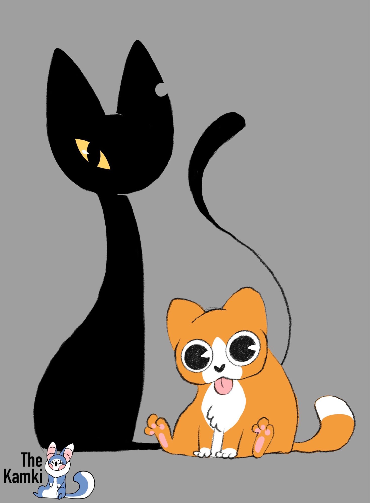 Two of my cat characters. Ink, on the left, is a tall slender, one-eyed, black cat. Pip, on the right, is a small chubby orange cat with his tongue out.