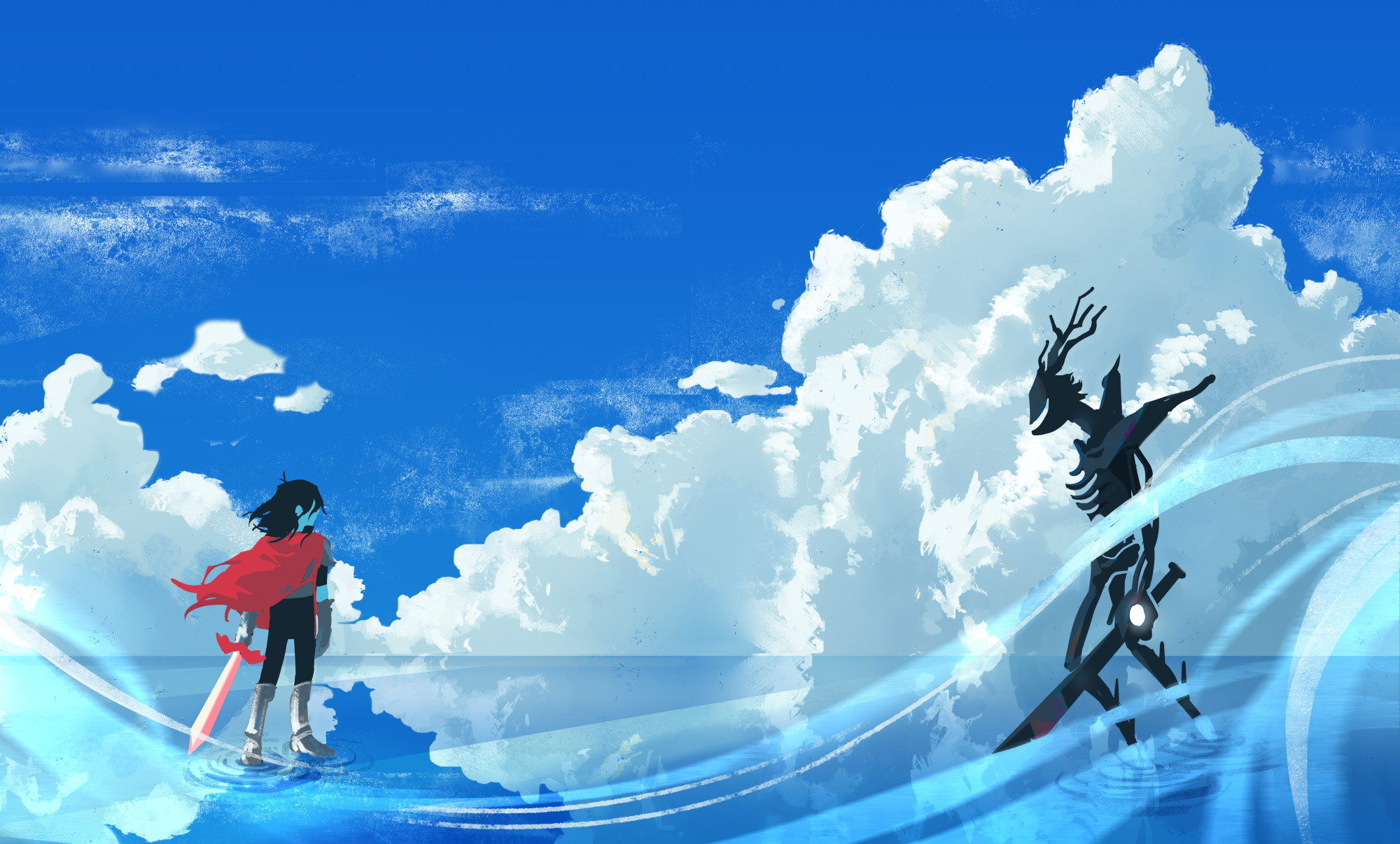 Kris facing off against the Knight, standing on a plane of glassy water. In the background are puffy clouds and the blue sky.