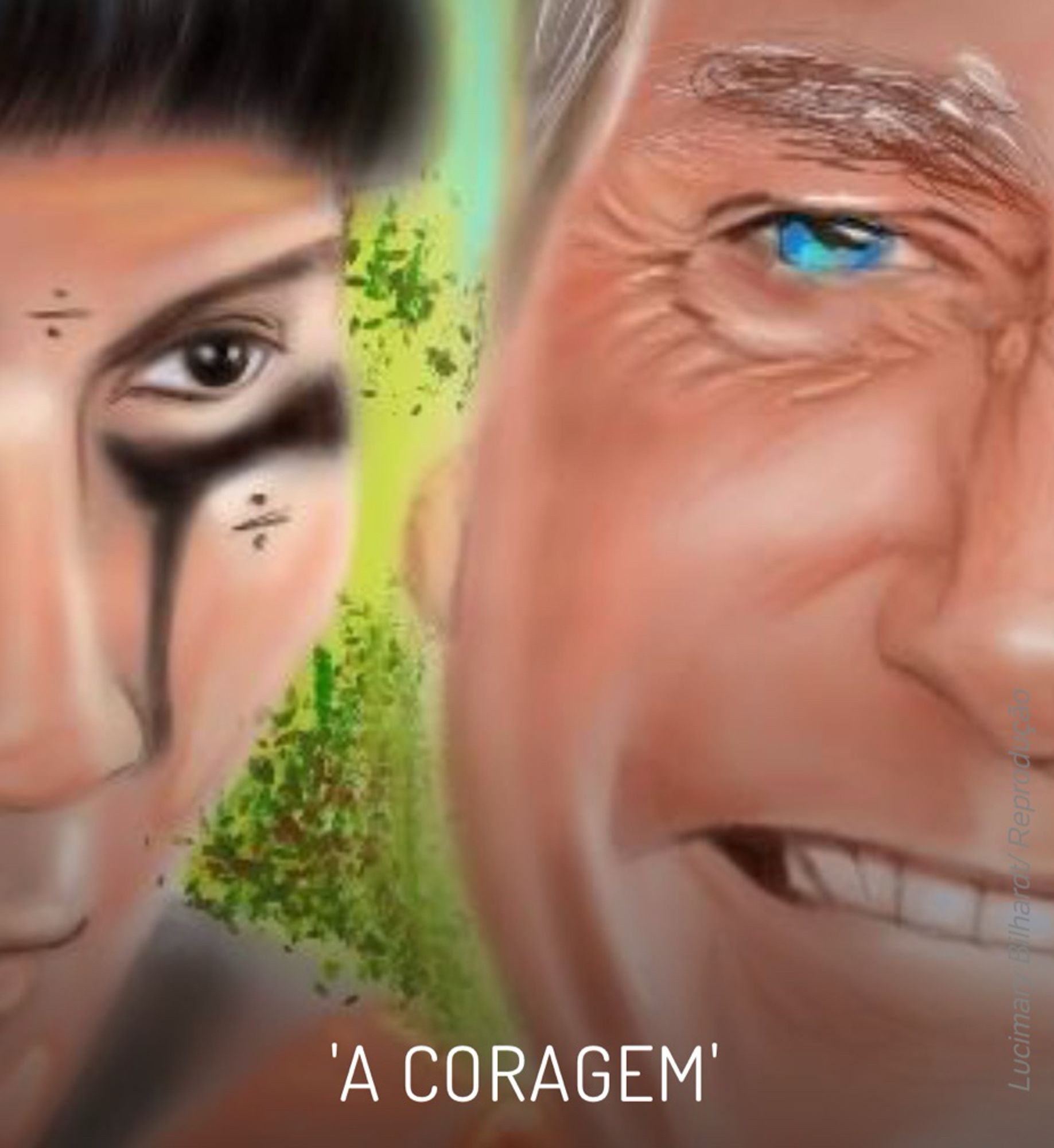 Pintura digital de autoria de Lucyborn23, retratando Bolsonaro ao lado de um indígena com o rosto pintado. Sobre a imagem, se lê “a coragem”