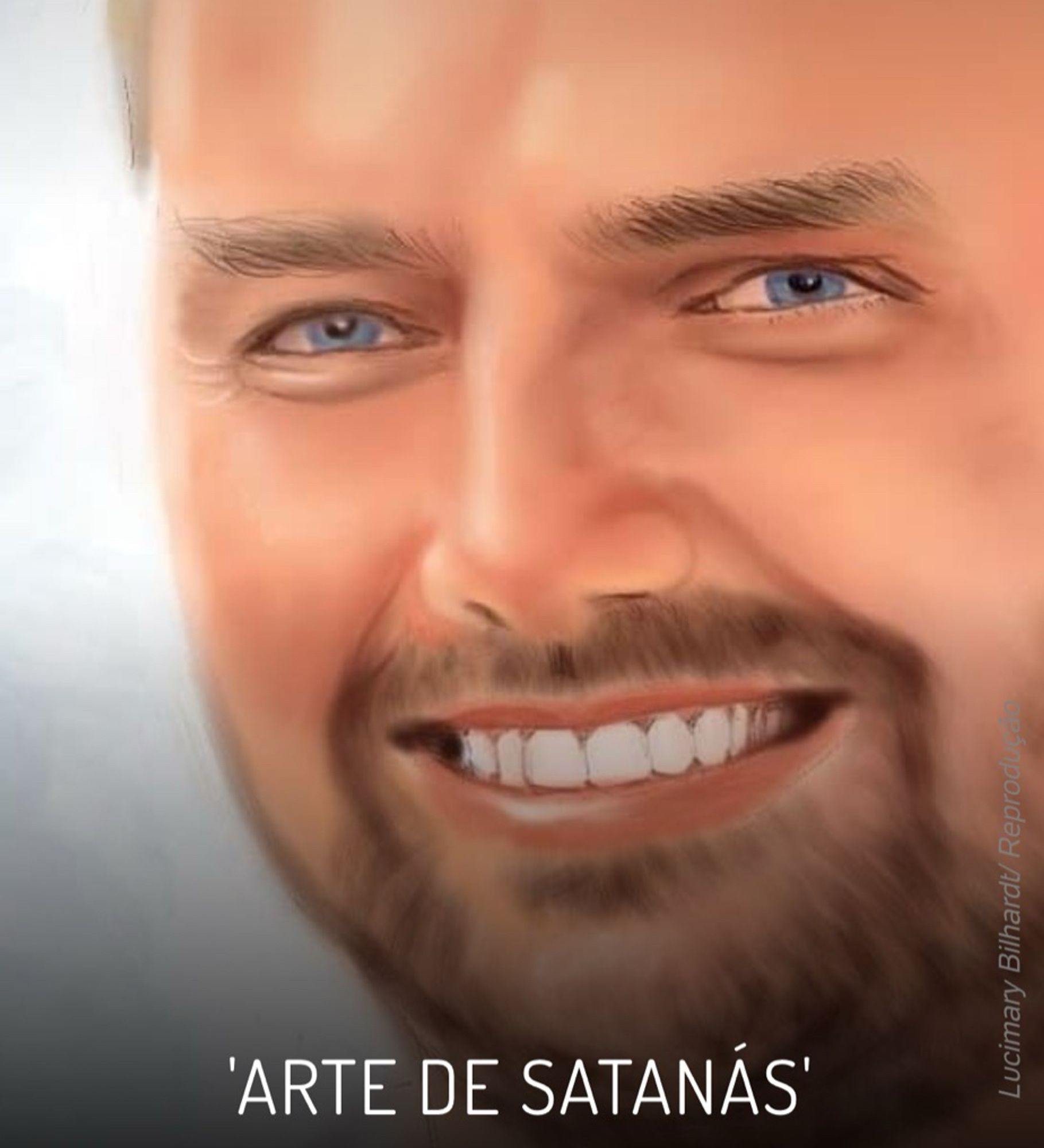 Retrato digital horroroso de um homem que pode ser o Carlos Bolsonaro. Sobreposto à imagem os dizeres: “arte de satanás”