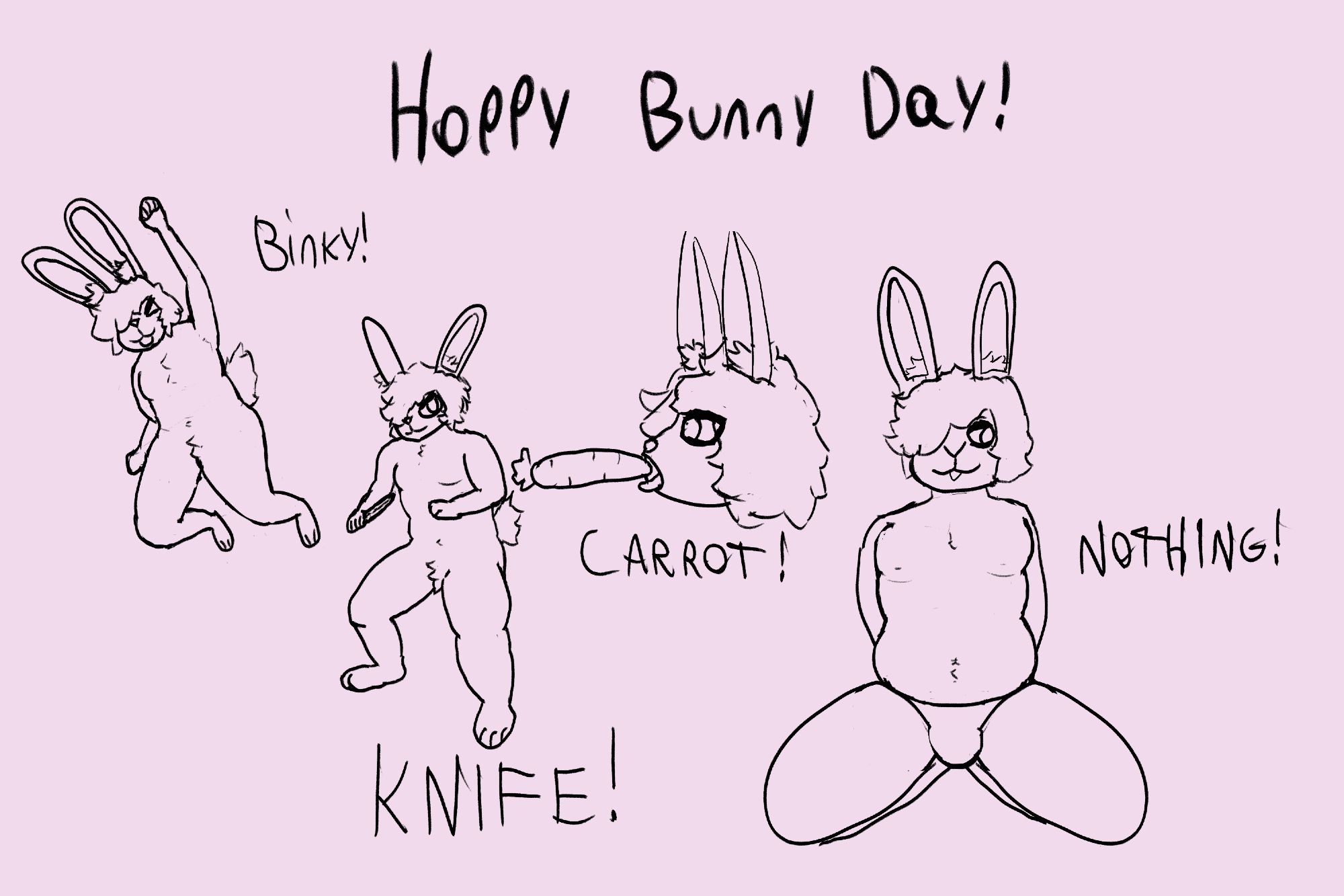 a sketch page of my bunny fursona doing various rabbit activites for national rabbit day such as doing a binky, holding a knife, eating a carrot, and sitting there seductively