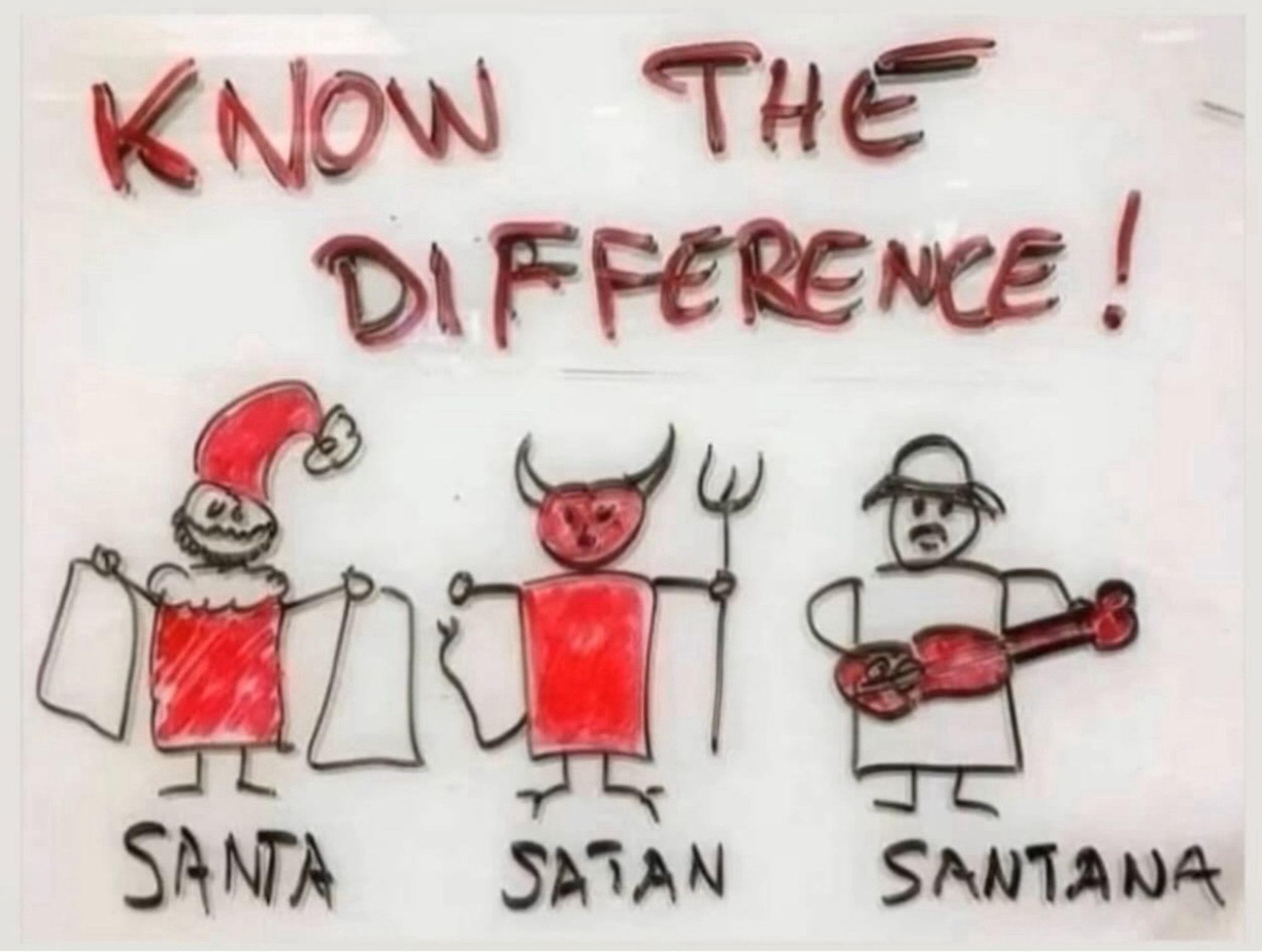 Dessins, humoristique, indiquant : know the difference et représentant trois personnages : Santa, Satan, et Santana