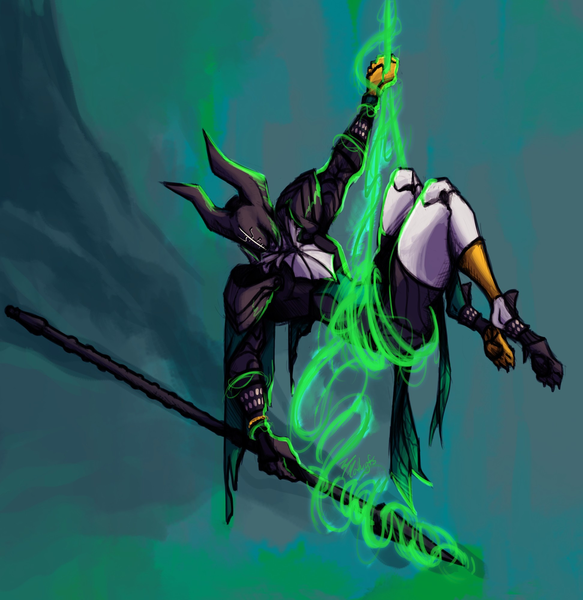 A harbinger from the video game destiny 2. She suspends herself midair with strand like an aerial acrobat. The background is a painterly green.