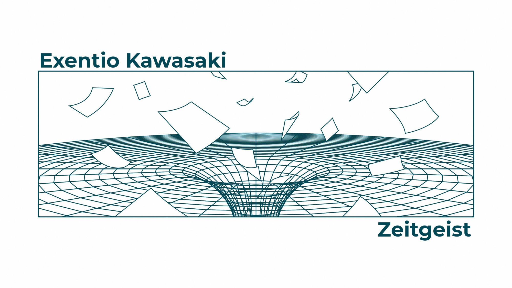 Cover of "Zeitgeist", one of Exentio Kawasaki's short stories. It features a stylized wormhole sucking in some sheets of paper.