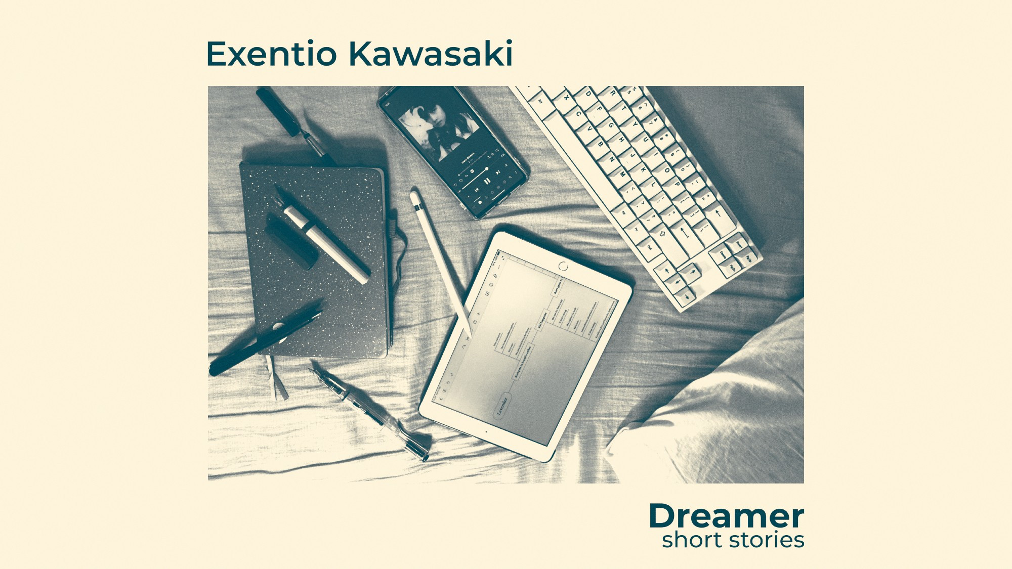 Cover of "Dreamer", Exentio Kawasaki's first series of short stories. It features some of the items that allow him to express his creativity and fuel it: a keyboard, his phone, his tablet (with the timeline of the events of "Lavender"), a notebook, and some fountain pens.