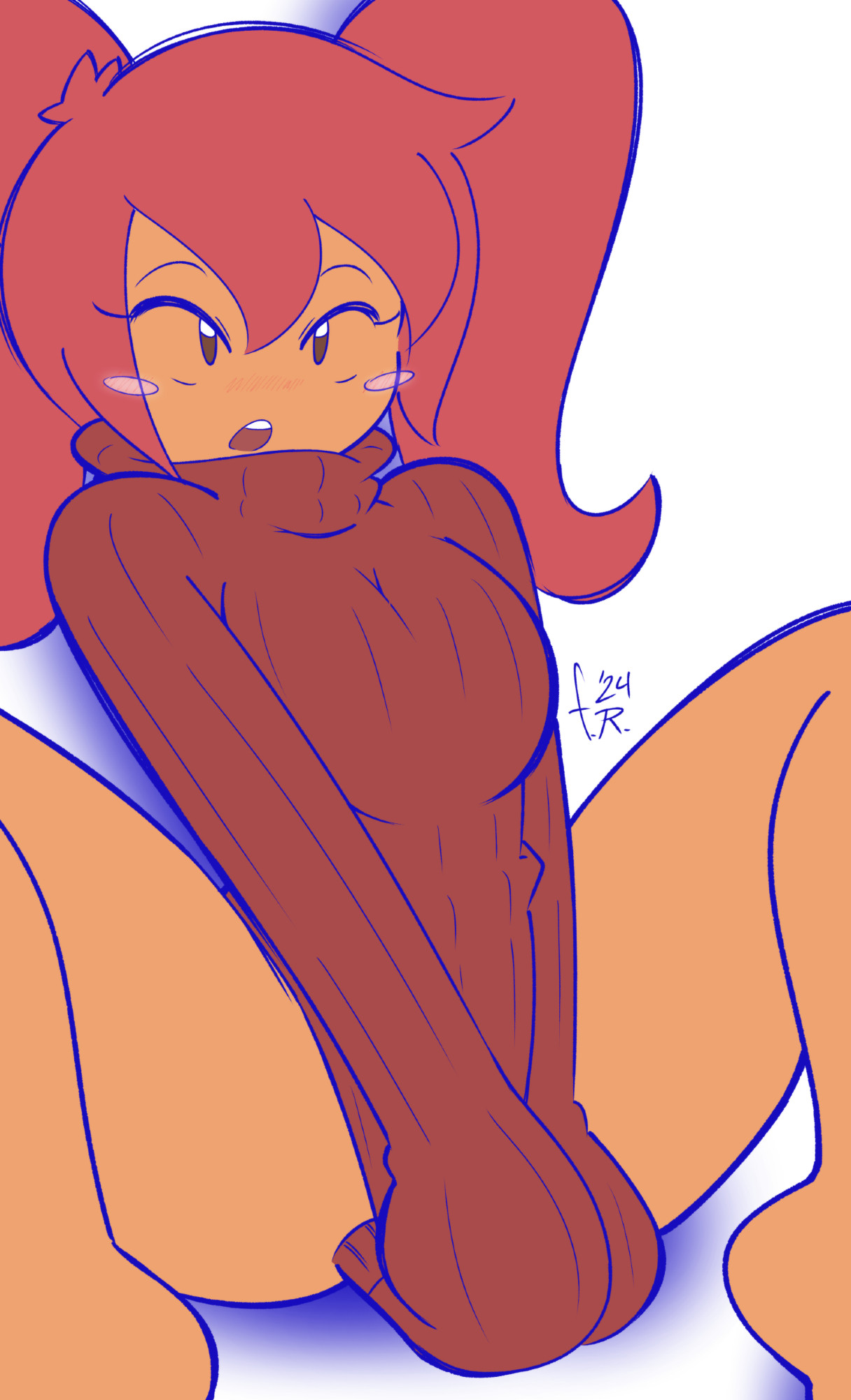 The sweater is a little too short.. hold on a bit while she tries to readjust and maybe stretch it a little- oh wait not like that, that pose is making the situation worse.. 💦