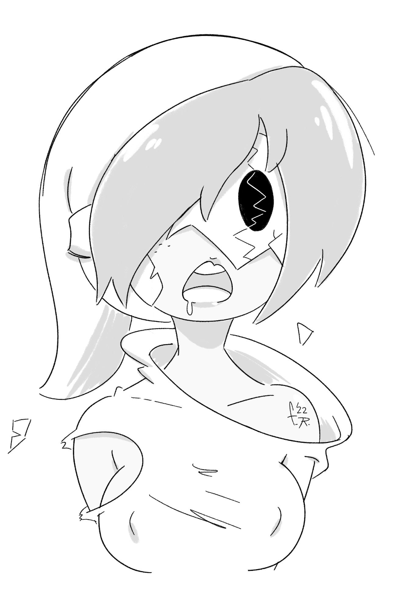 A Shy Gal with her outfit damaged and mask partially cracked, revealing part of her face underneath.