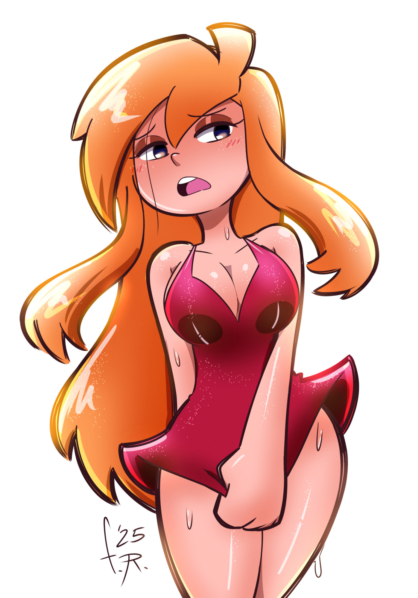 Art of Panty Anarchy from Panty and Stocking, being depicted with her temporary shy/modest personality from a season 2 episode. This is an alt featuring added color.