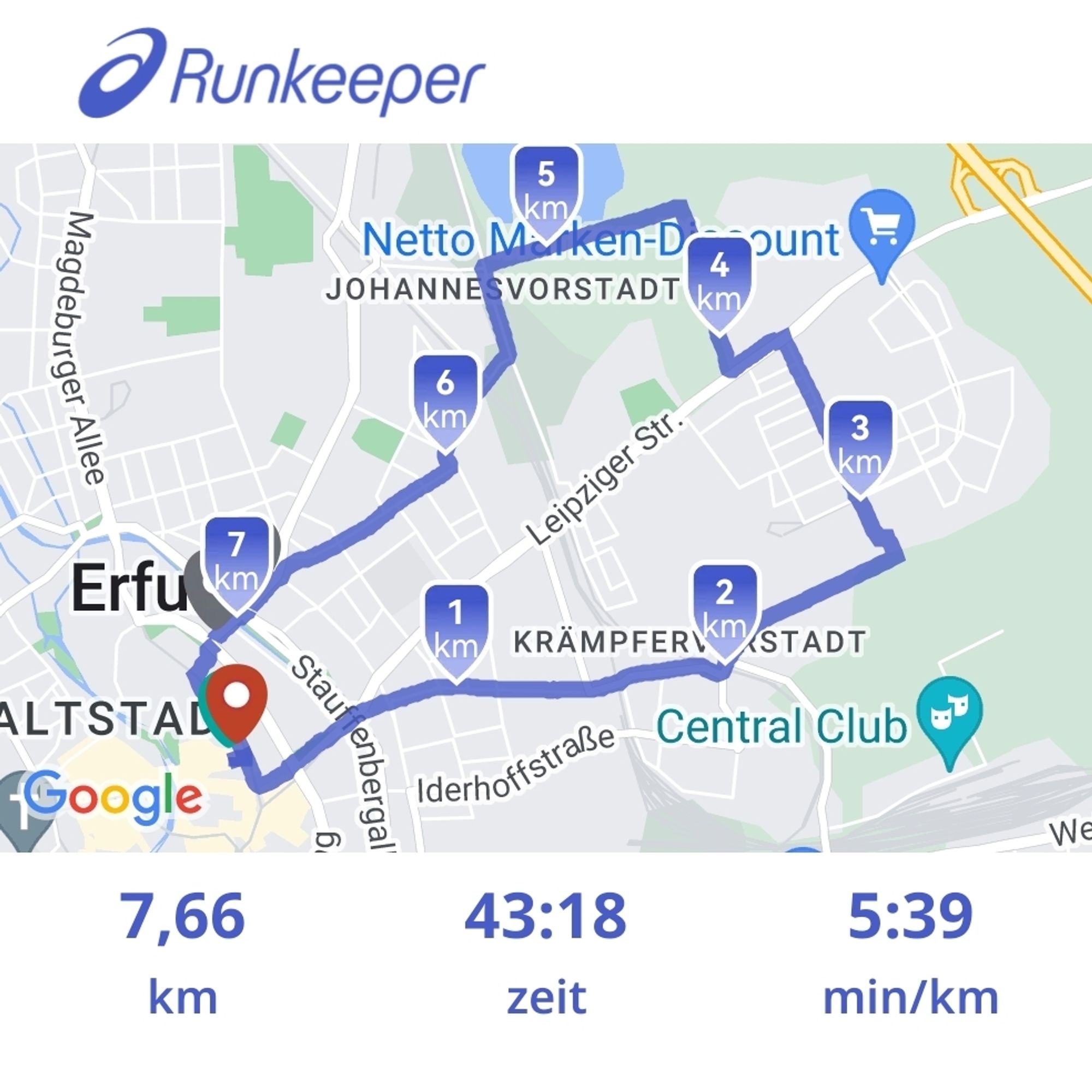 Joggen, 7,66 km, 43:18 min, Tempo: 5:39 min/km