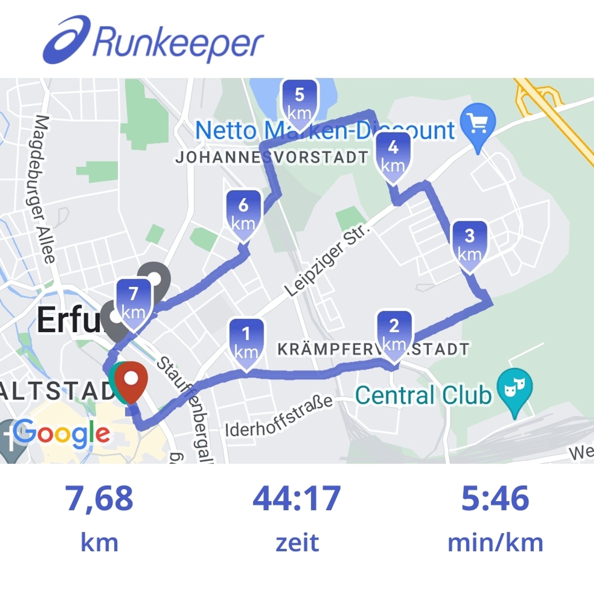 Ich war mit runkeeper laufen. Streckendaten: 7,68 km, 44:17 min, durchschnittlich 5:46 min/km