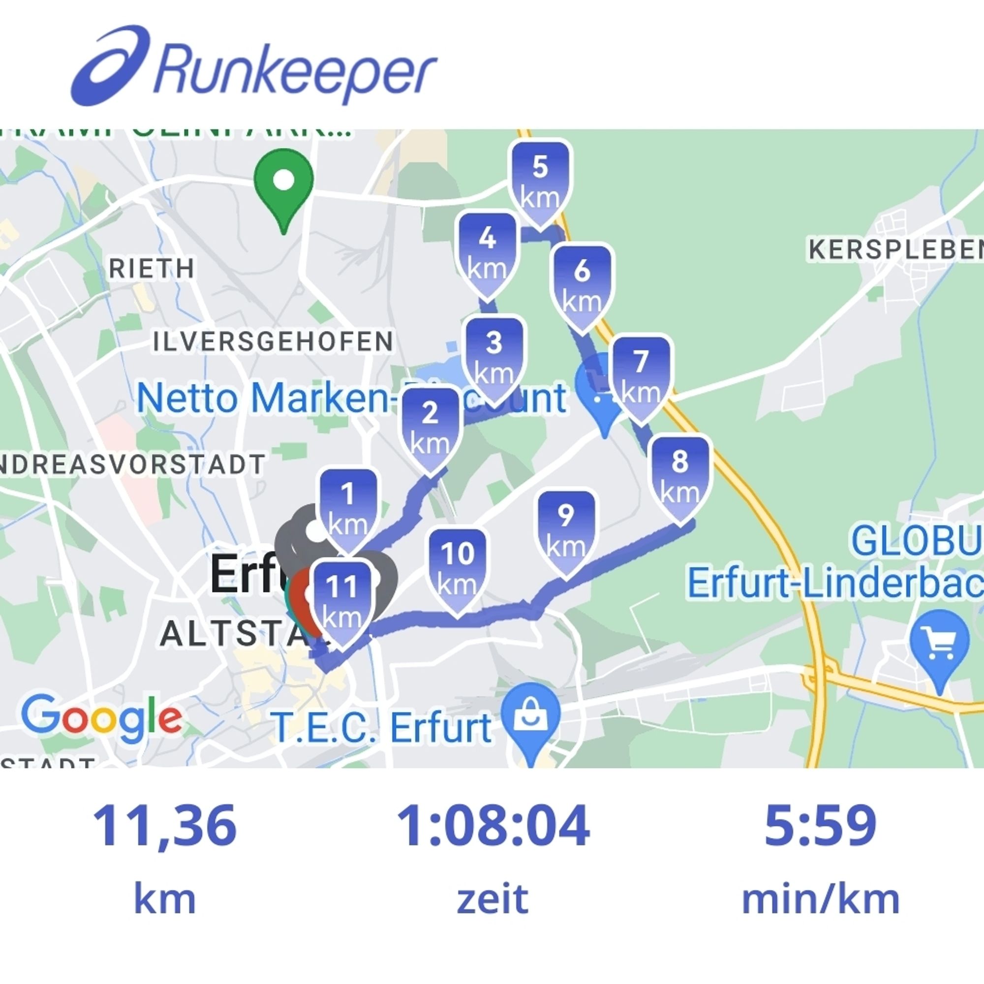 Joggen mit runkeeper, Statistik: 11,36km, 1:08:04 Std, Tempo: 5:59 min/km