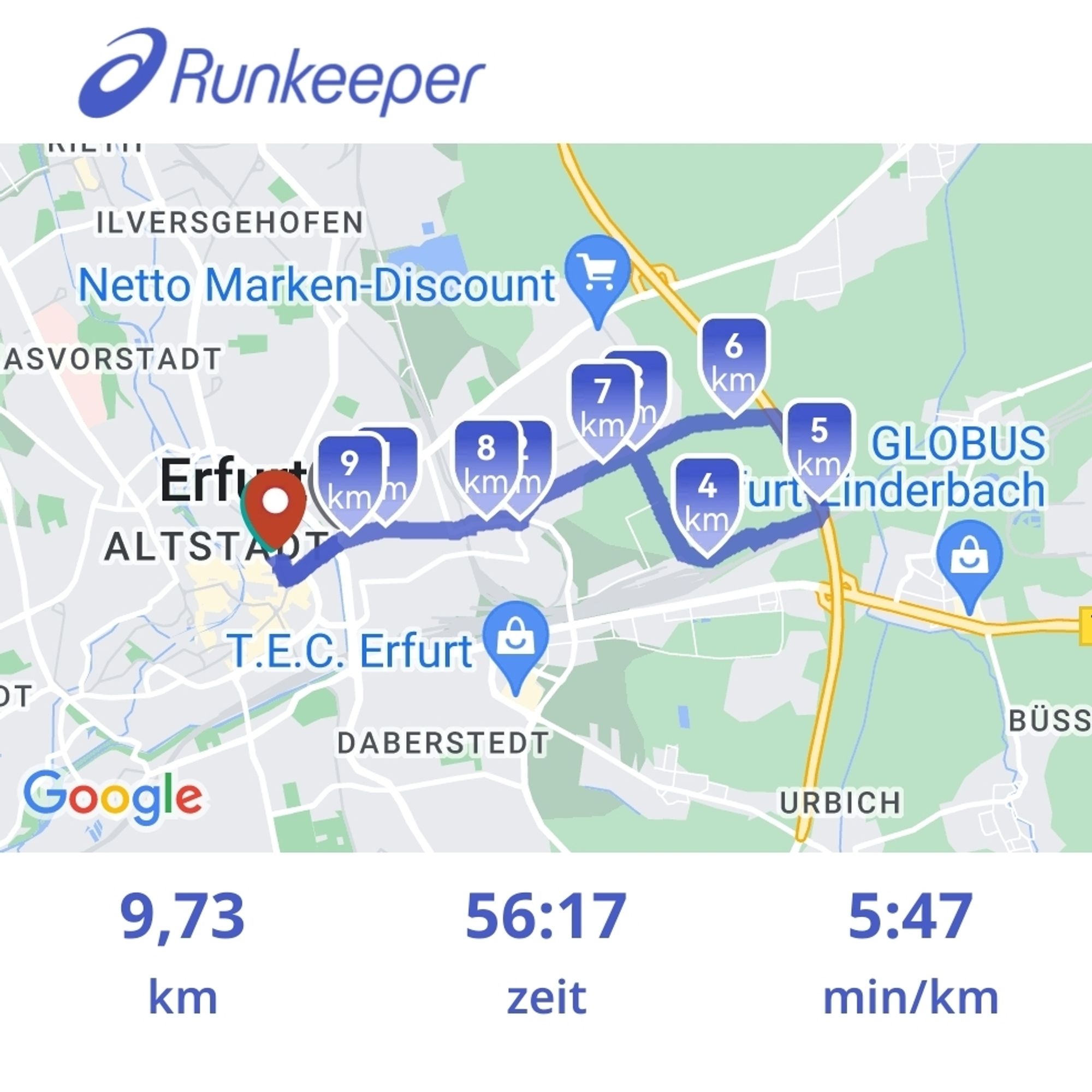 Workout /joggen mit runkeeper, Zahlen: 9,73km, 56:17 min, 5:47 min/km