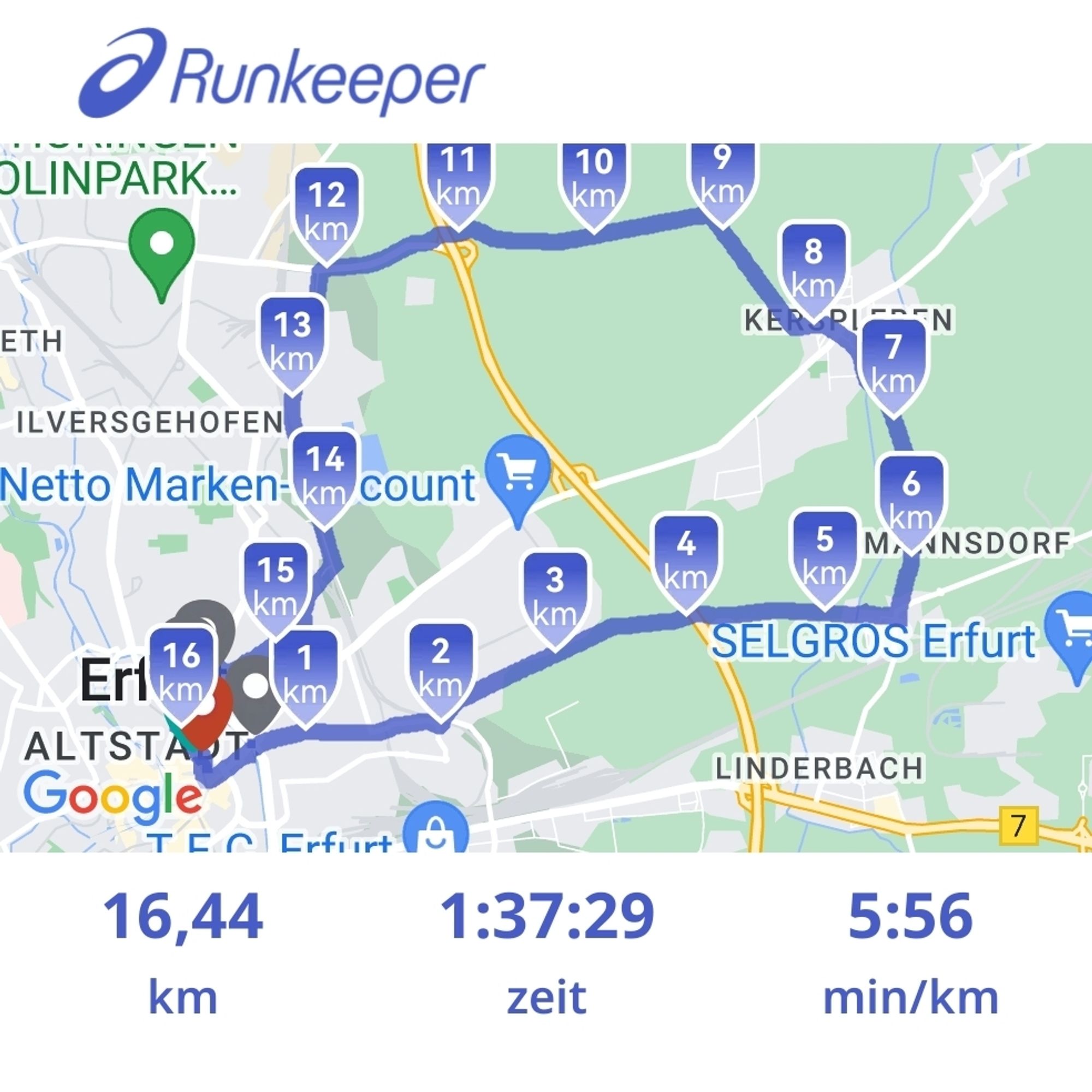 Laufen gewesen und mit runkeeper getrackt. Strecke: 16,44 km, Dauer: 1:37:29 h mit einem Tempo von 5:56 min/km