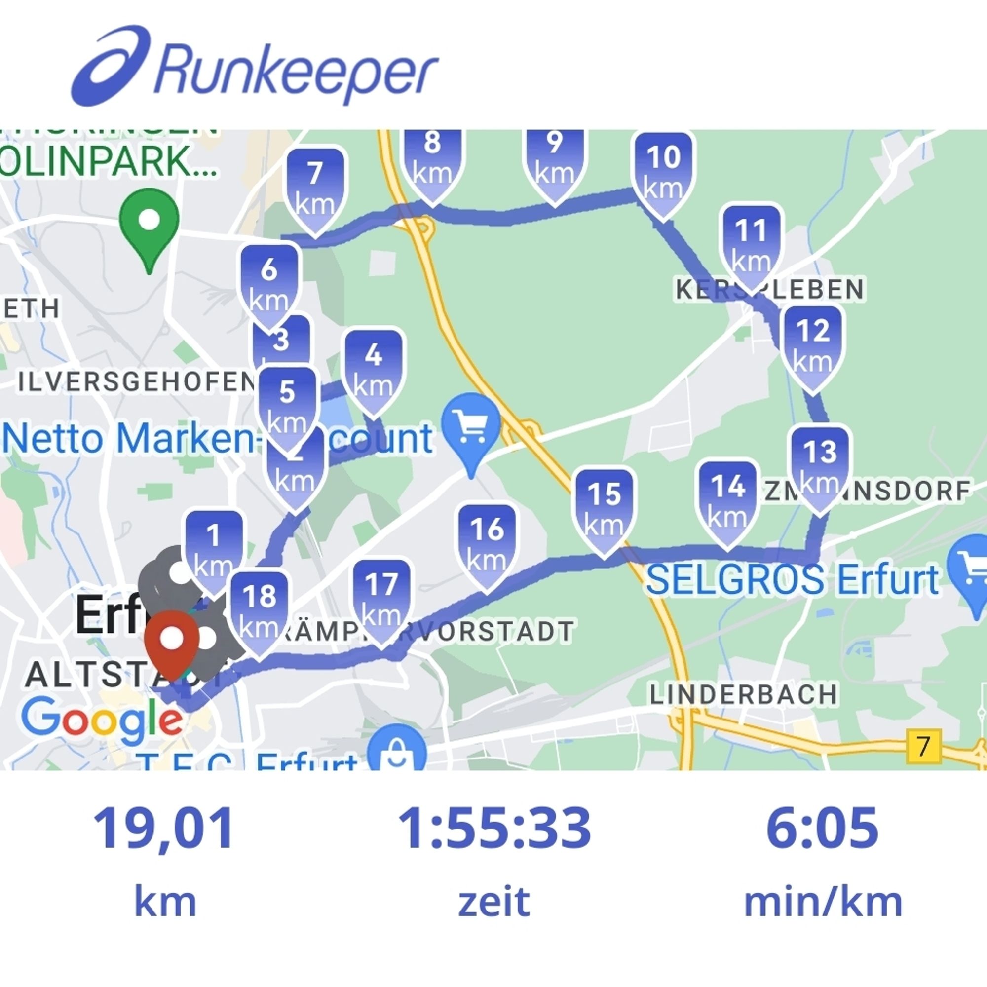 Abendlauf mit runkeeper App aufgezeichnet. Länge: 19,01 km, Dauer 1:55:33 h, Tempo: 6:05 min/km