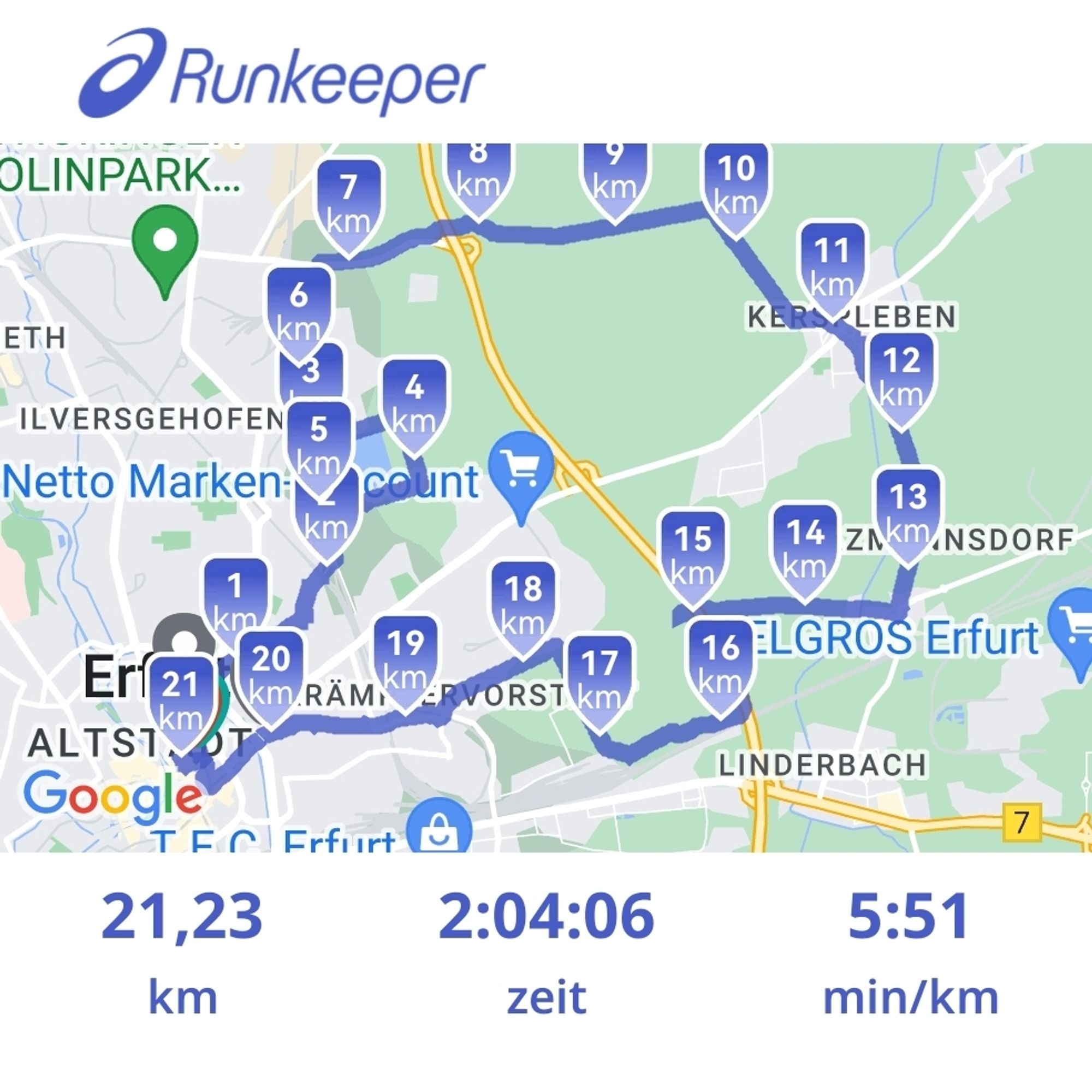 Ich war laufen und habe mit Runkeeper getrackt. Statistik: 21,23 km, Zeit: 2:04:06, Tempo: 5,51 min/km