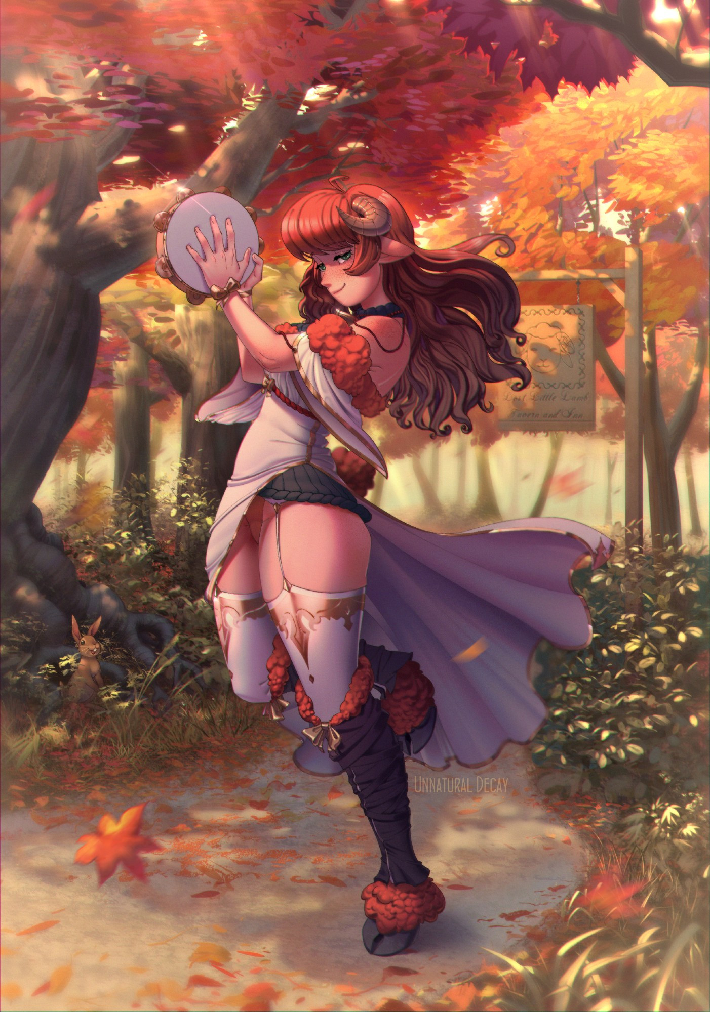 Digital painting of a woman dancing and playing tambourine. She has bright red hair, sheep horns and hooves as well as a little tail. She's dressed in a revealing flowing white dress with red fur frill. In the background, there is a view of autumn forest with the road and the wooden sign that reads "Dear Little Lamb, Tavern and Inn". There's also a bunny hiding among the roots, enjoying her music