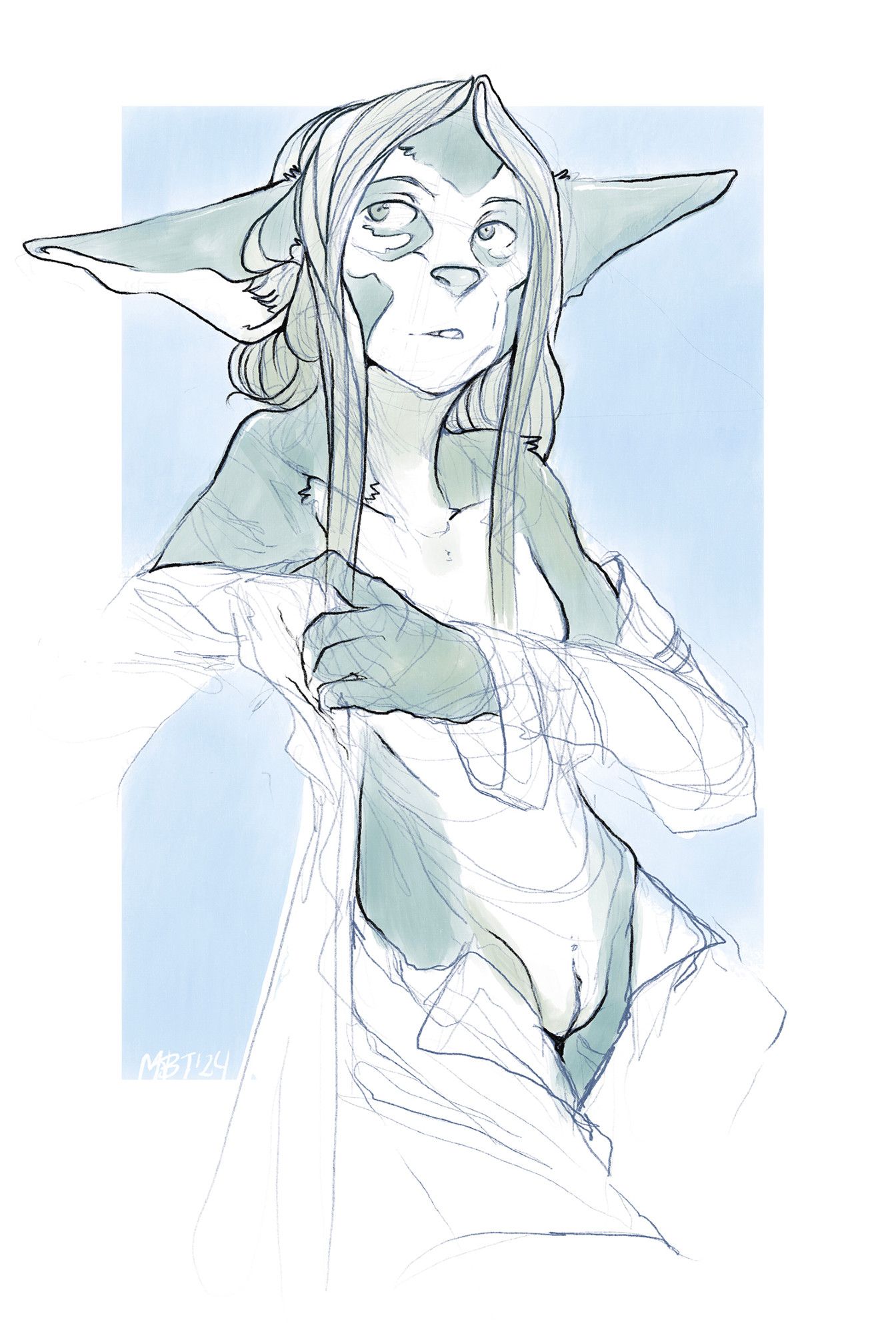 A digital painting of Vaird, who is trans, in a state of parial undress. He's a green and white tikedi, a furry creature with long ears and an animalistic face. He's got long pale hair and is pulling on a shirt. His pants are undone and open and he's not wearing any underwear. His expression is calm and he's glancing to the left as if talking to someone.