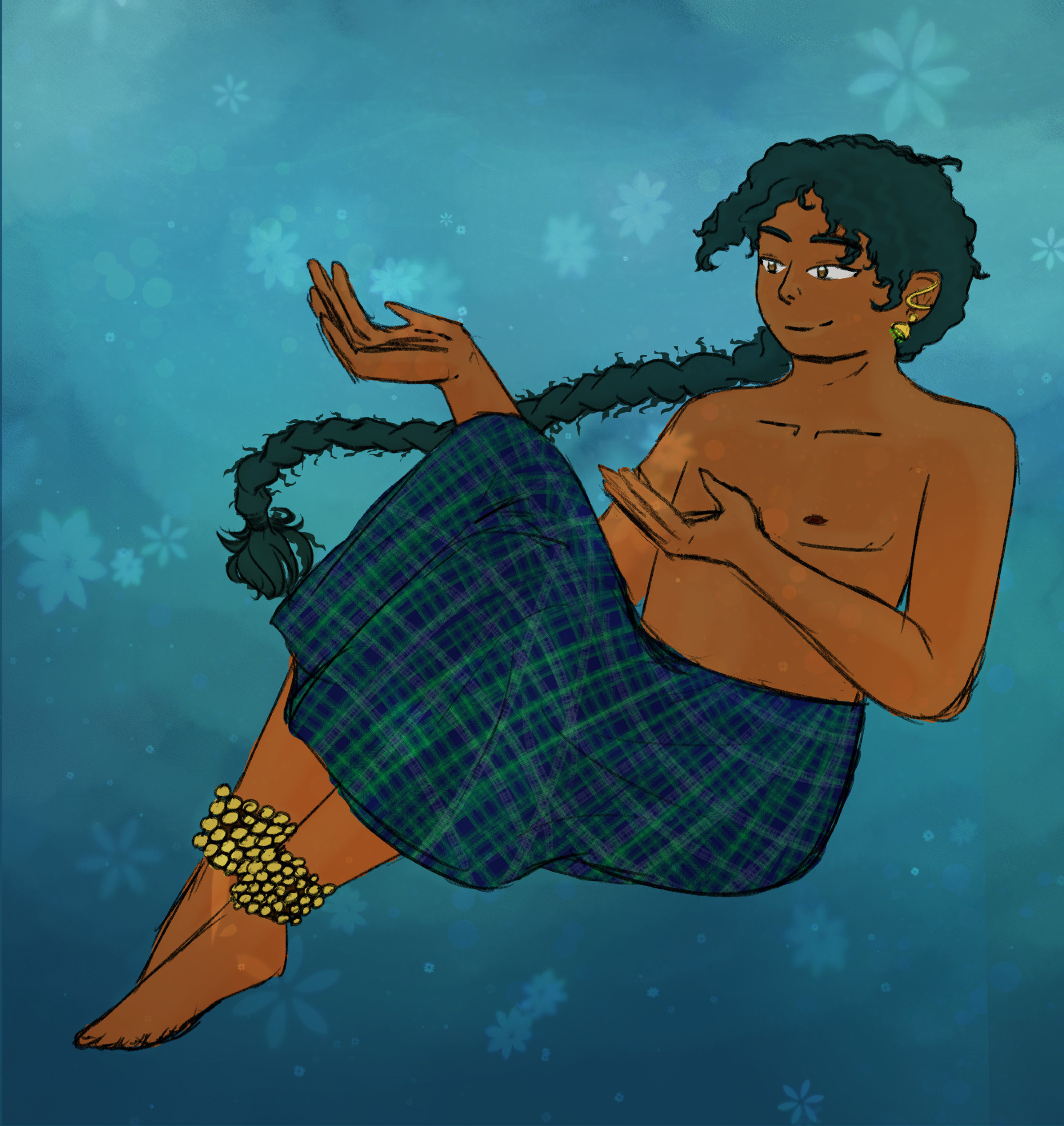 A drawing of a man with light brown skin and long, curly dark blue hair in a braid. He is underwater, holding his hands out as if he's cupping something in each with his knees pulled close to his chest. His chest is bare and he wears a blue lungi with green and white checks on it. He wears golden chilanka anklets, jhumka earrings, and a simple chain connecting the piercings on his outer ear. Transluscent flowers are floating around him