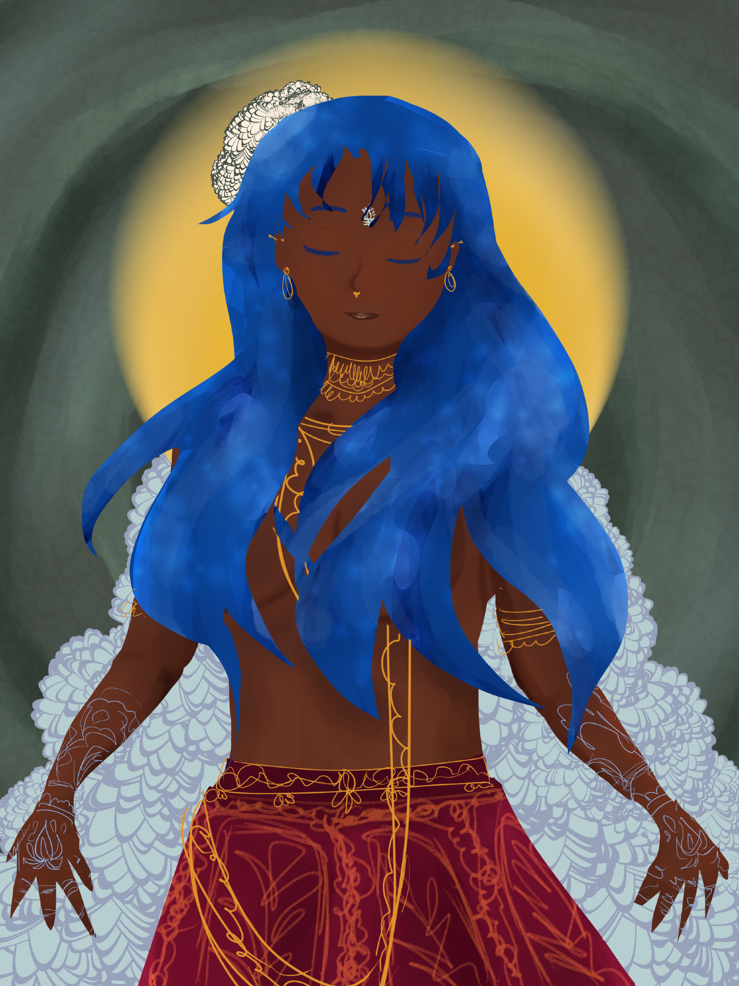 A half body drawing of a brown woman with blue hair. Her hair flows around her and over her bare chest. She is wearing a red skirt with golden scribbled patterns. She wears scribbled on gold jewellery and a bun of white flowers on the right side of her head. light blue henna patterns run from her fingers to mid lower arms. Her eyes are closed with a serene expression, and a golden halo shines behind her. There is a white design painted on her forehead. The background is a murky green colour with roughly painted circles like a ripple effect. There is a cascade of light blue flowers emerging from behind her shoulders to the bottom of the image