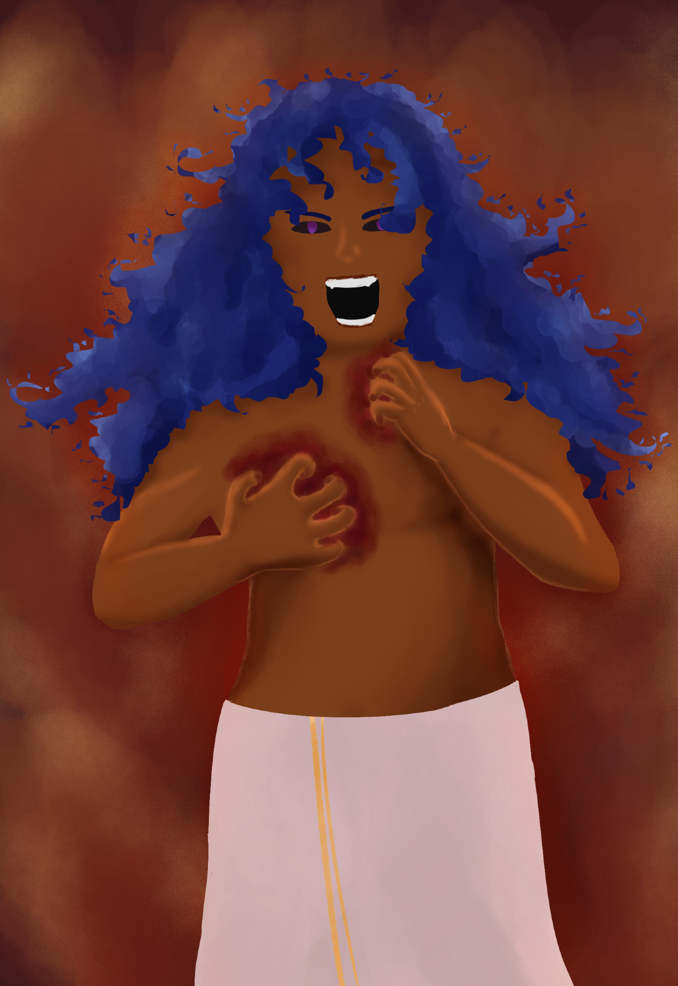 A half body drawing of a brown man with curly, blue hair. He is clawing at his neck and chest, leaving reddish brown bruises beneath. He wears a plain white dothi with a gold border. His sclera are dark, his eyes purple, and mouth open in pain. The ends of his hair are rising up like small flames