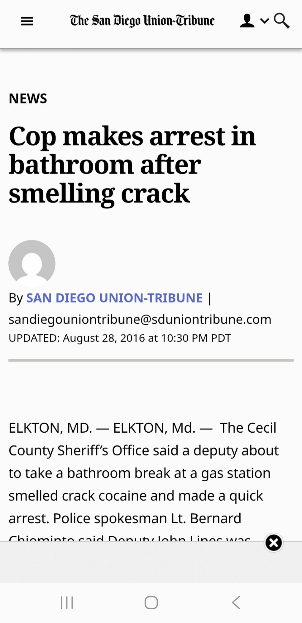 Cop makes arrest in bathroom after smelling crack newspaper headline.
