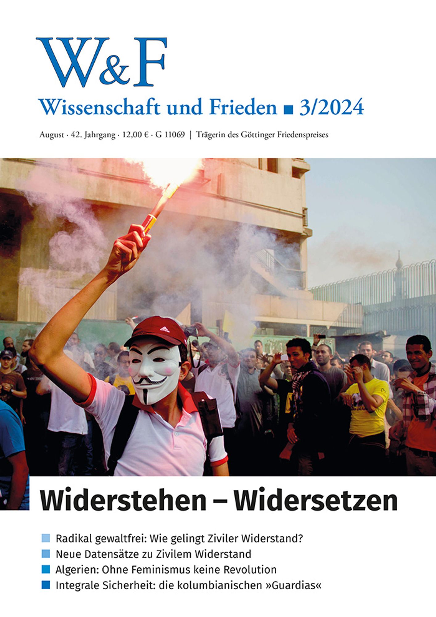 Titel W&F August 2024: Widerstehen - Widersetzen. Demonstrant mit Guy Fawkes Maske in Ägypten hält ein Feuerwerk in der Hand während einer Demonstration