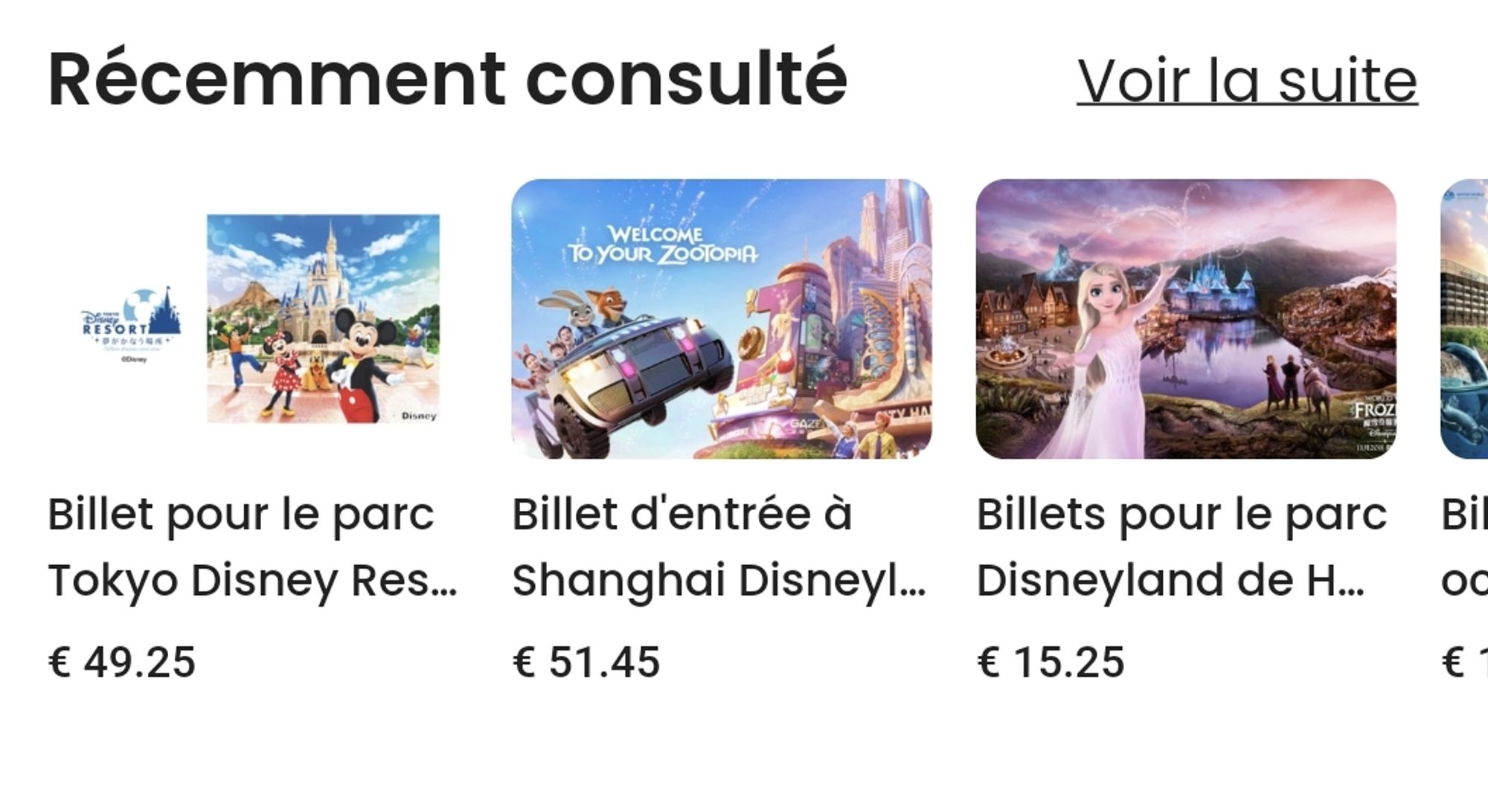 Site de réservation avec comme activité "récemment consultées" Shanghai Disneyland, Tokyo Disneyland et Hong Kong Disneyland.