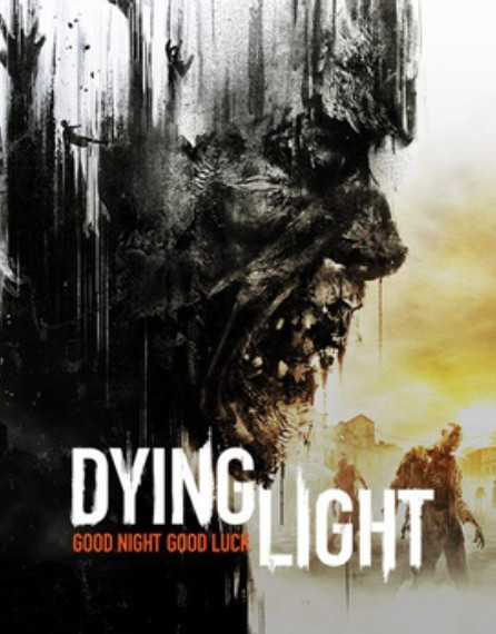 Cover art for the game Dying Light. With the title in a grungy looking font, pure white. And in a neater font under the word Dying, is the phrase Good Night, Good Luck. The image includes a bright yellow to white gradient illustrating the sky and silhouetted figures of the undead, with a much more detailed zombie head on the left side of the frame close up